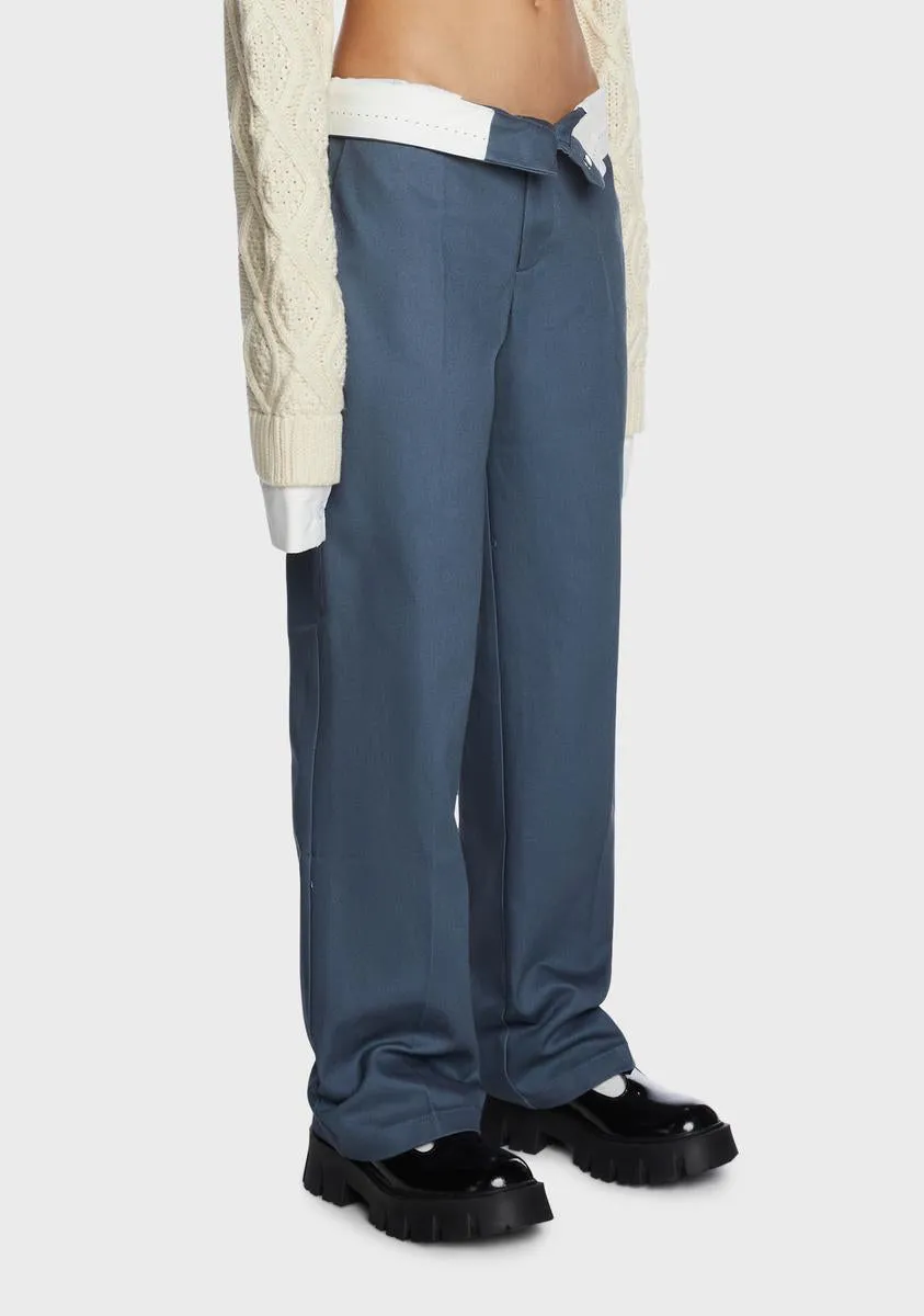 Blue Folded Wide Leg Chino Pants