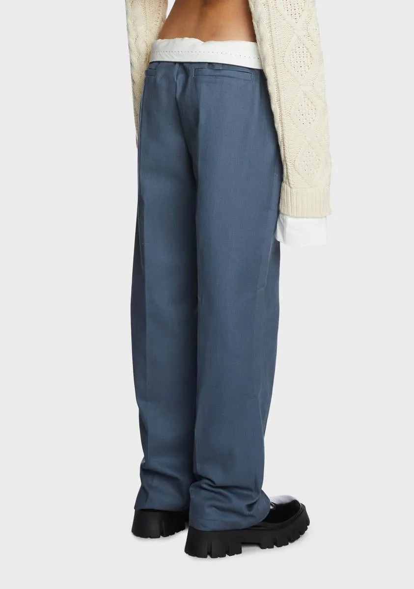 Blue Folded Wide Leg Chino Pants