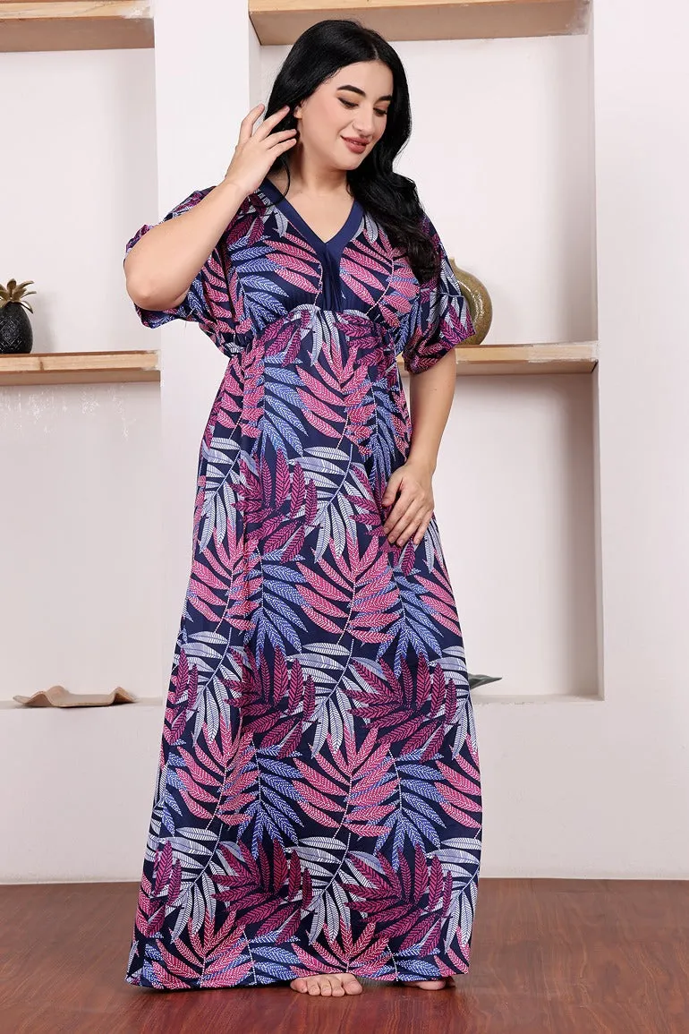 Blue Leaf Printed Night Dress