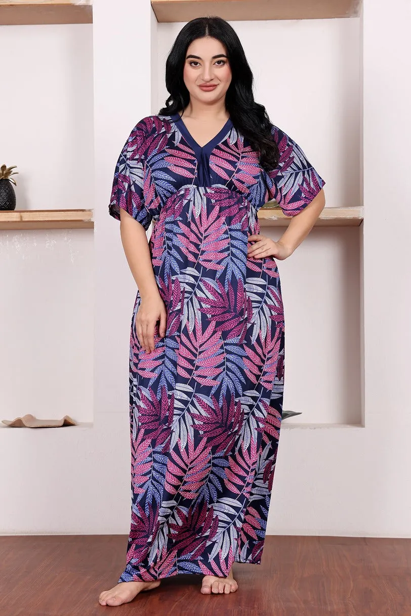 Blue Leaf Printed Night Dress