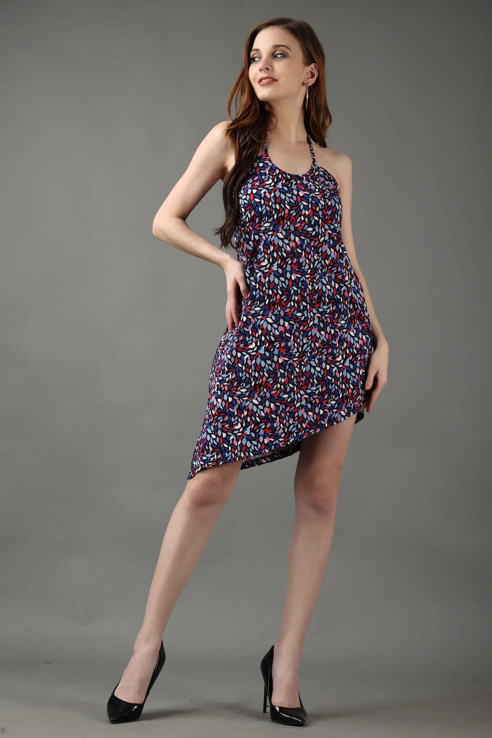 Blue Leaves Printed Asymmetrical Dress