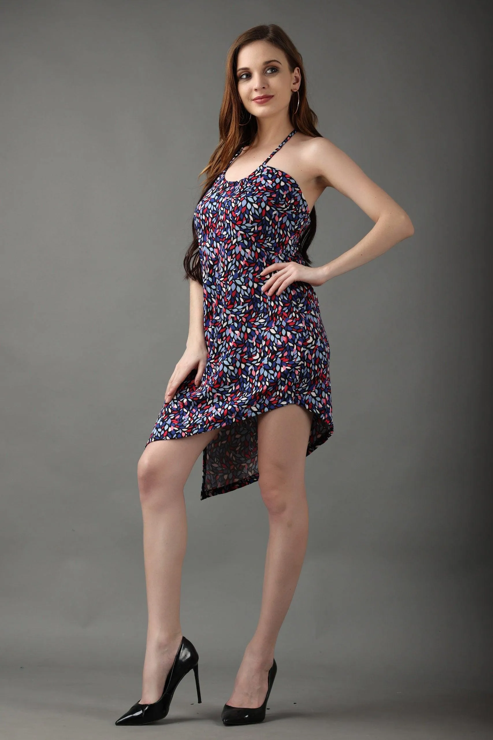 Blue Leaves Printed Asymmetrical Dress