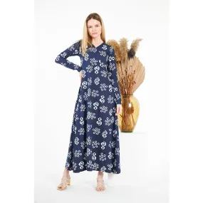 Blue Printed Double Breasted Long Dress