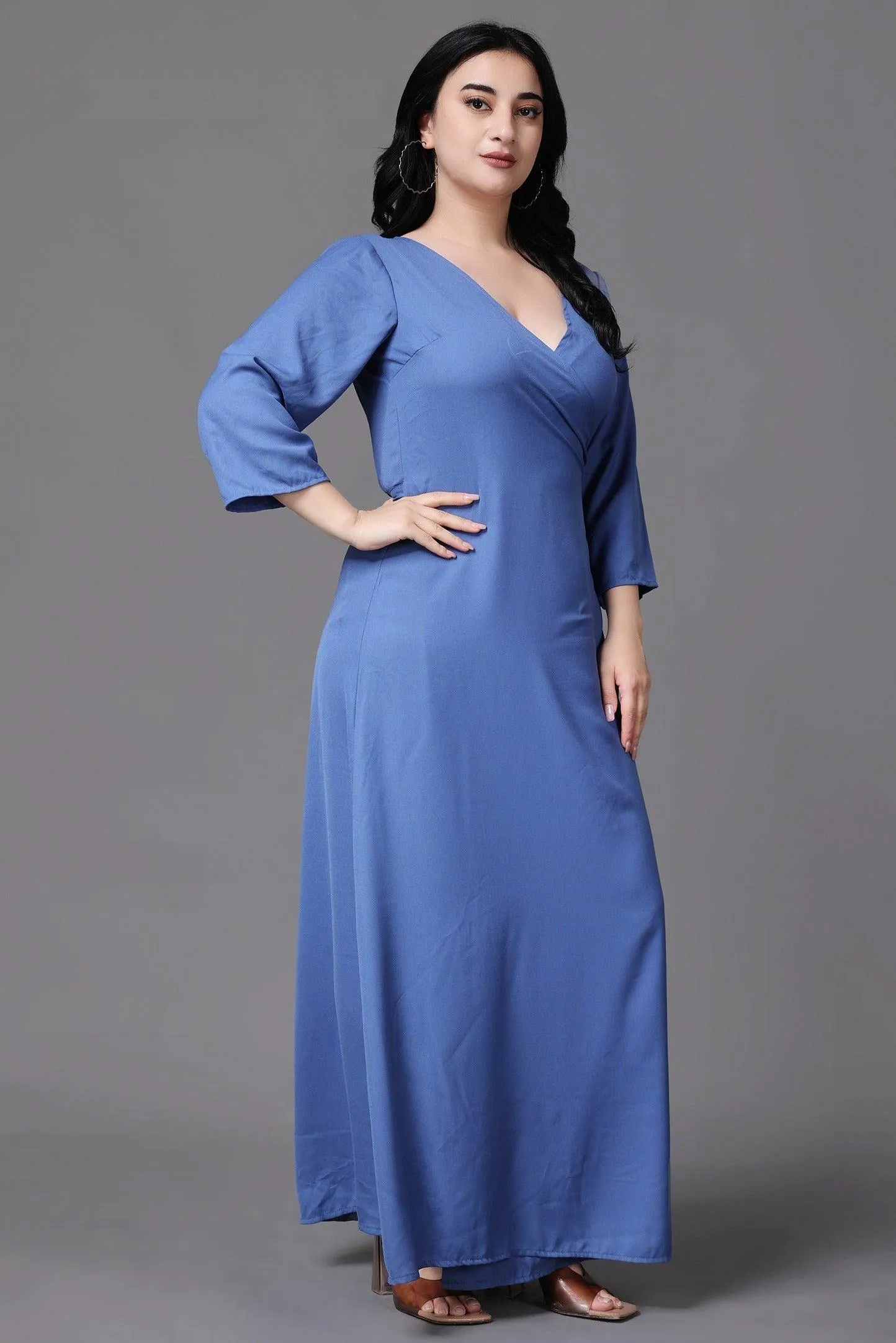 Blue Solid Wrap Around Maxi Dress