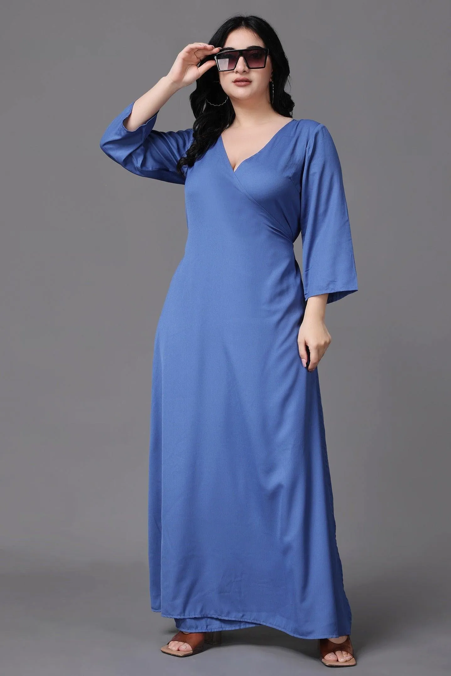 Blue Solid Wrap Around Maxi Dress