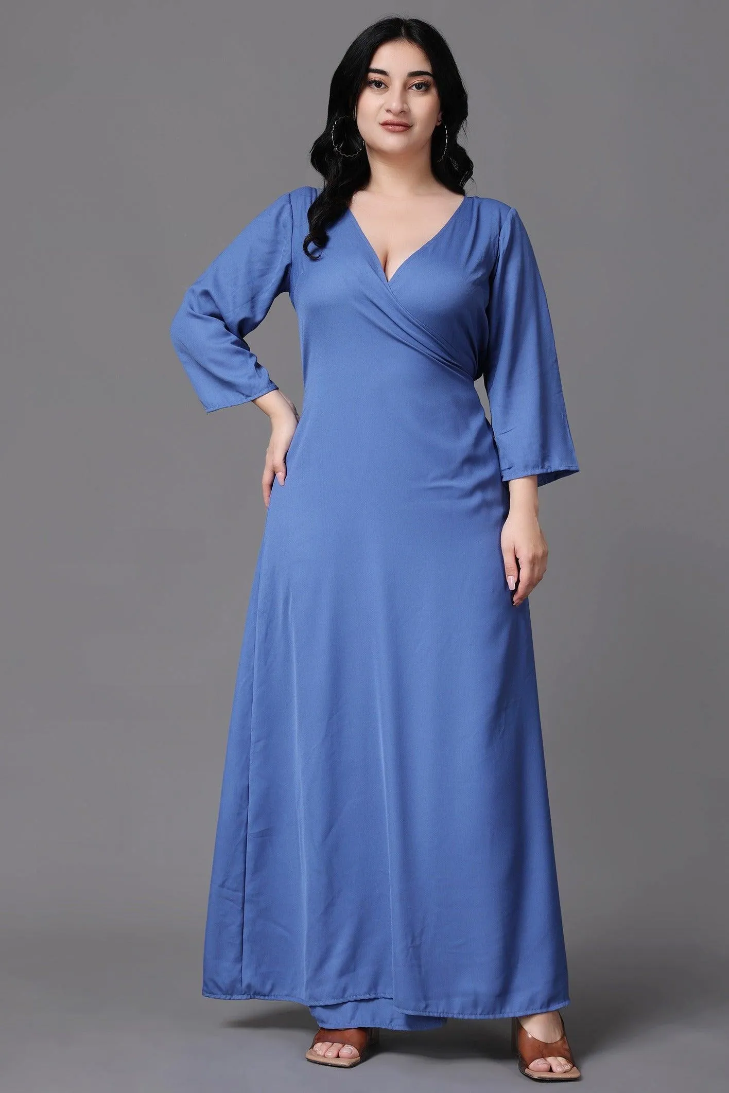 Blue Solid Wrap Around Maxi Dress