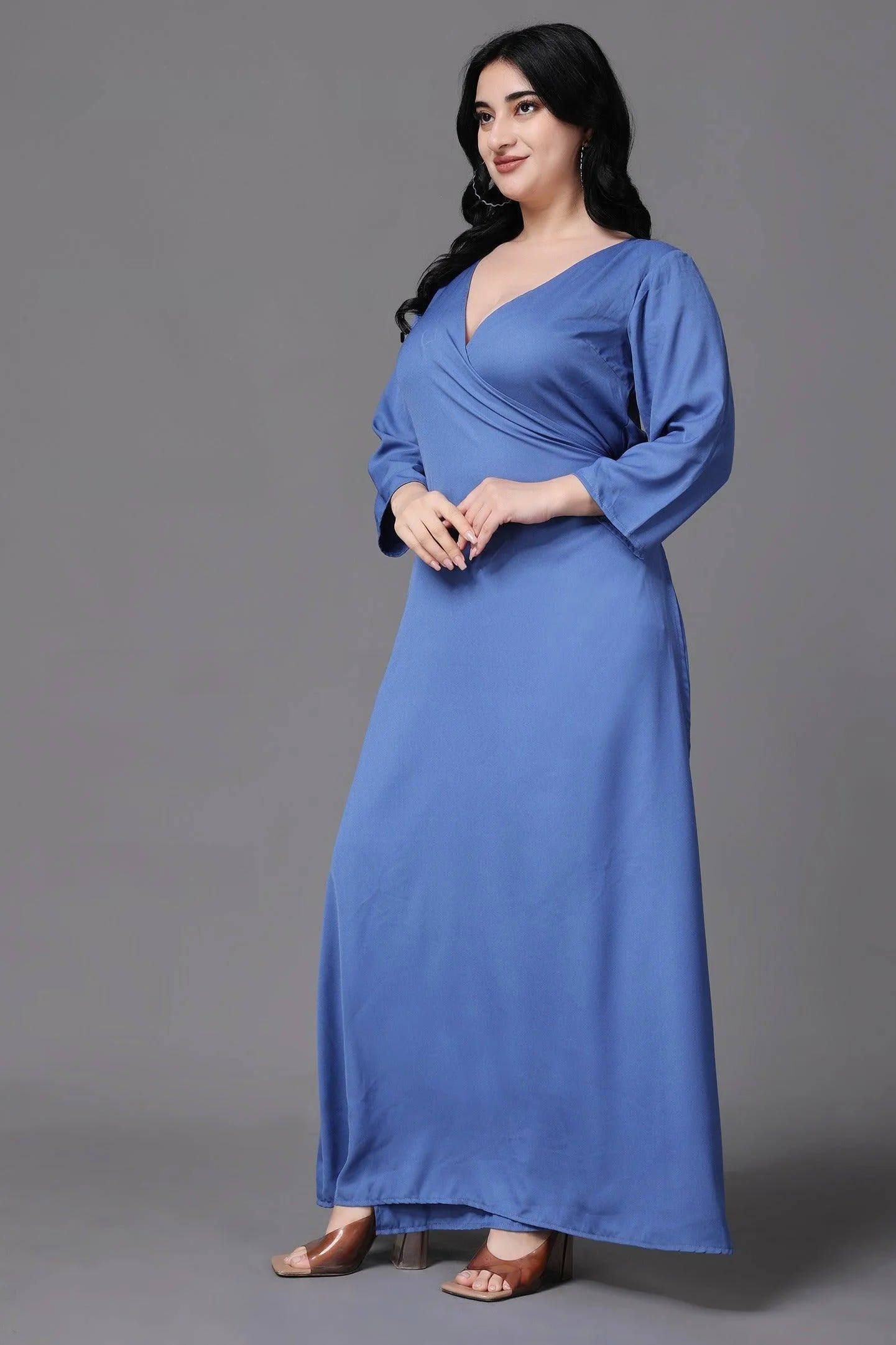 Blue Solid Wrap Around Maxi Dress