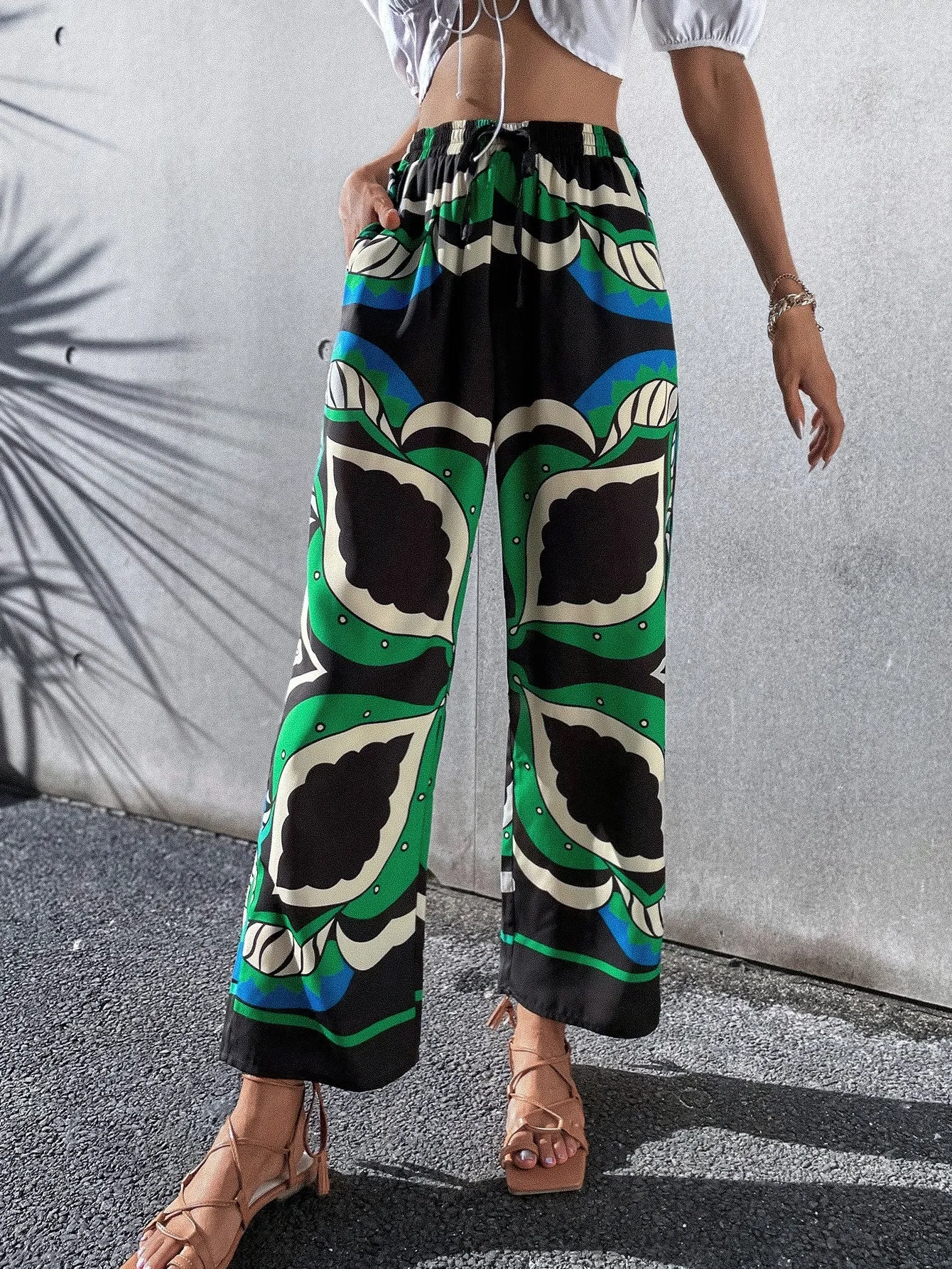 Boho Graphic Pocket High Waist Long Women Pants