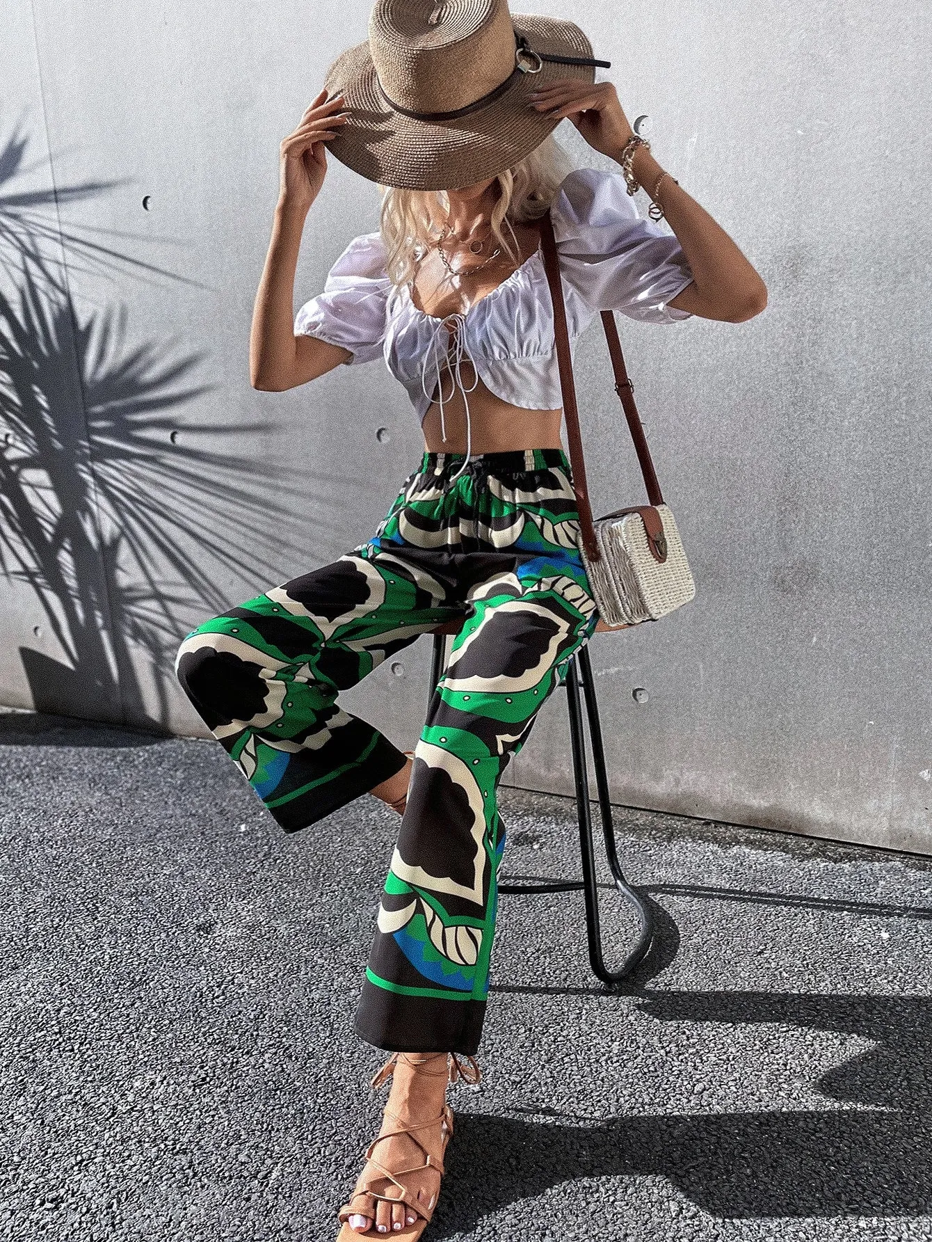 Boho Graphic Pocket High Waist Long Women Pants