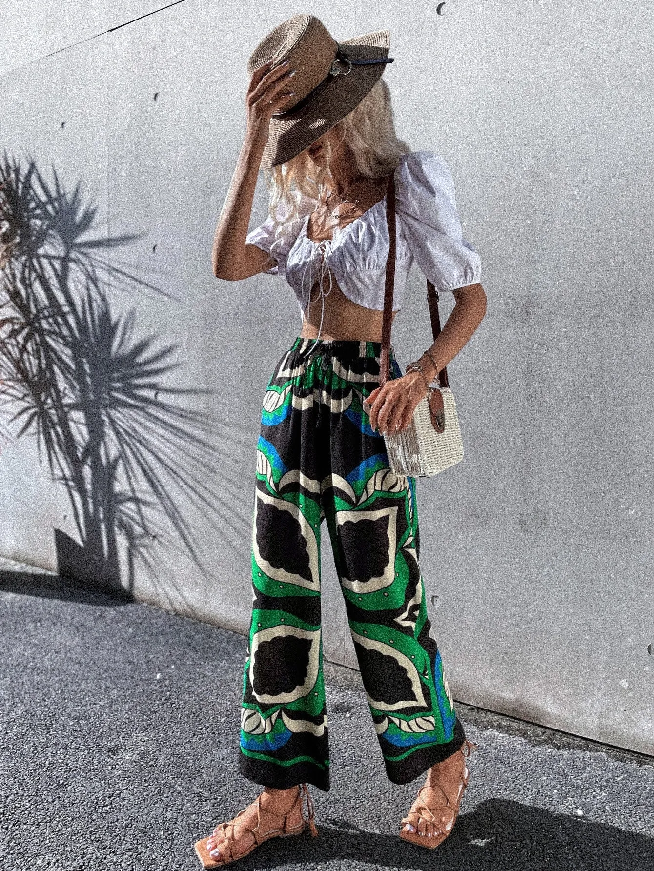 Boho Graphic Pocket High Waist Long Women Pants