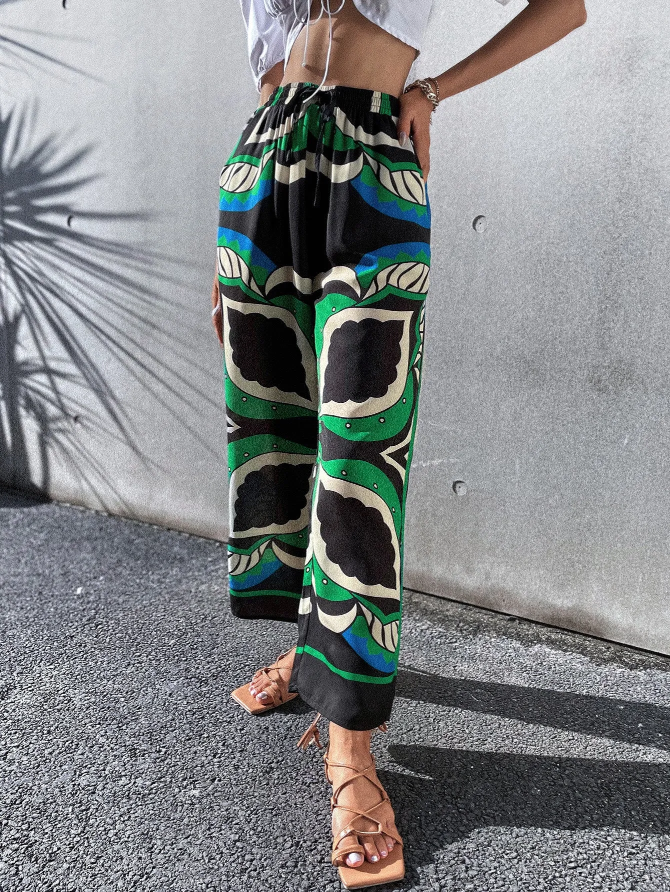 Boho Graphic Pocket High Waist Long Women Pants