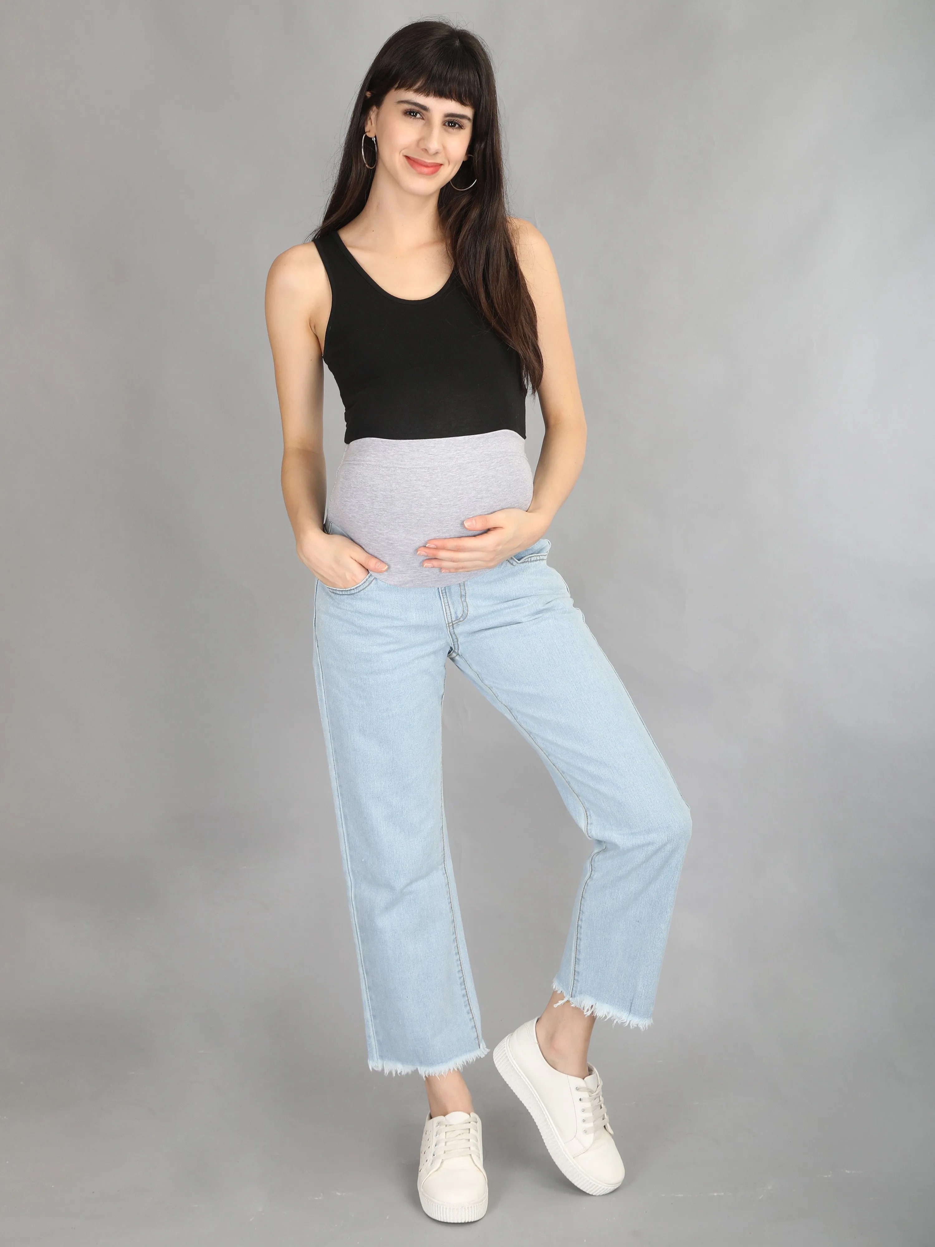 Boxy Fit Sky Blue Denims with Belly Support