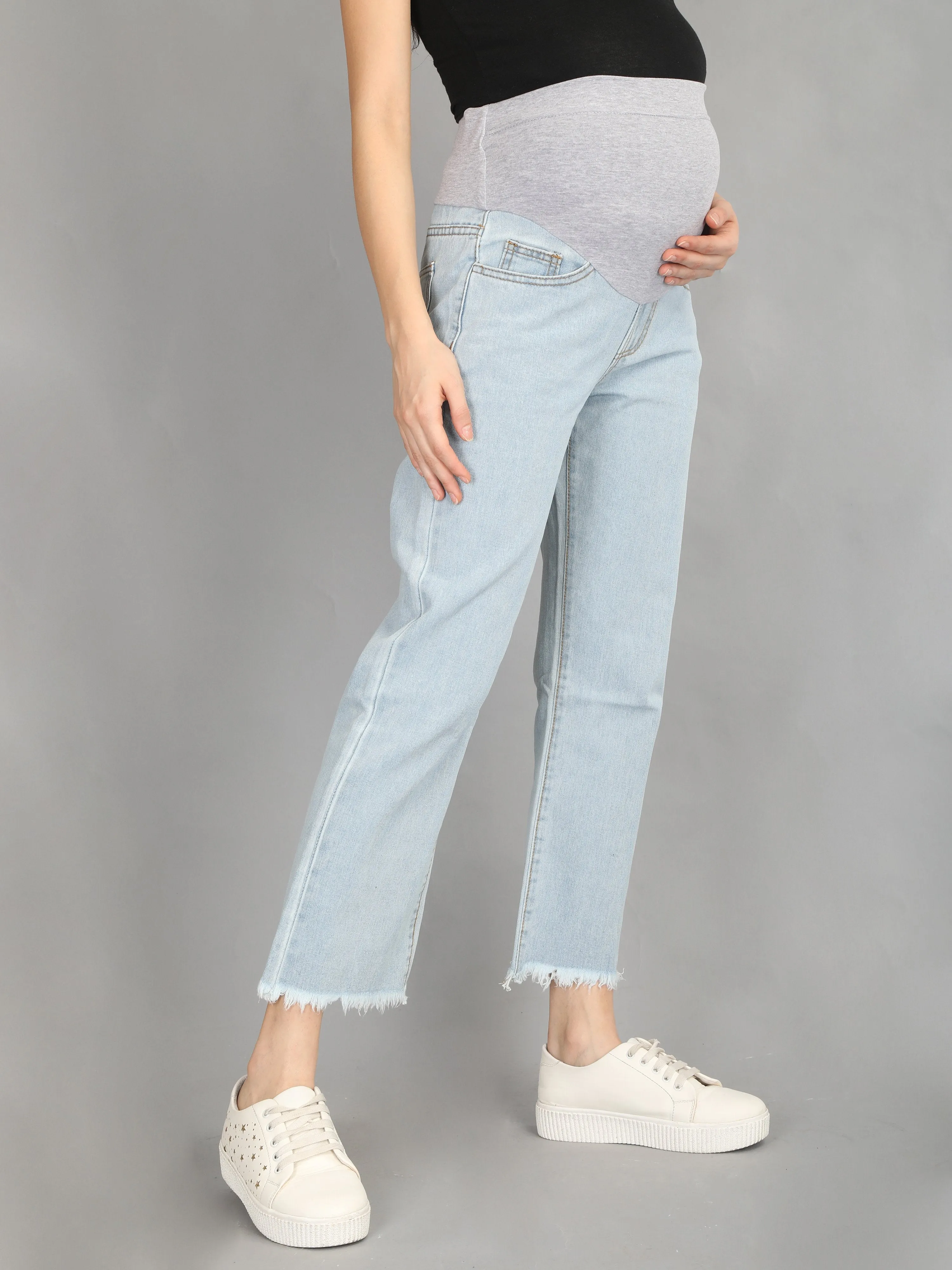 Boxy Fit Sky Blue Denims with Belly Support