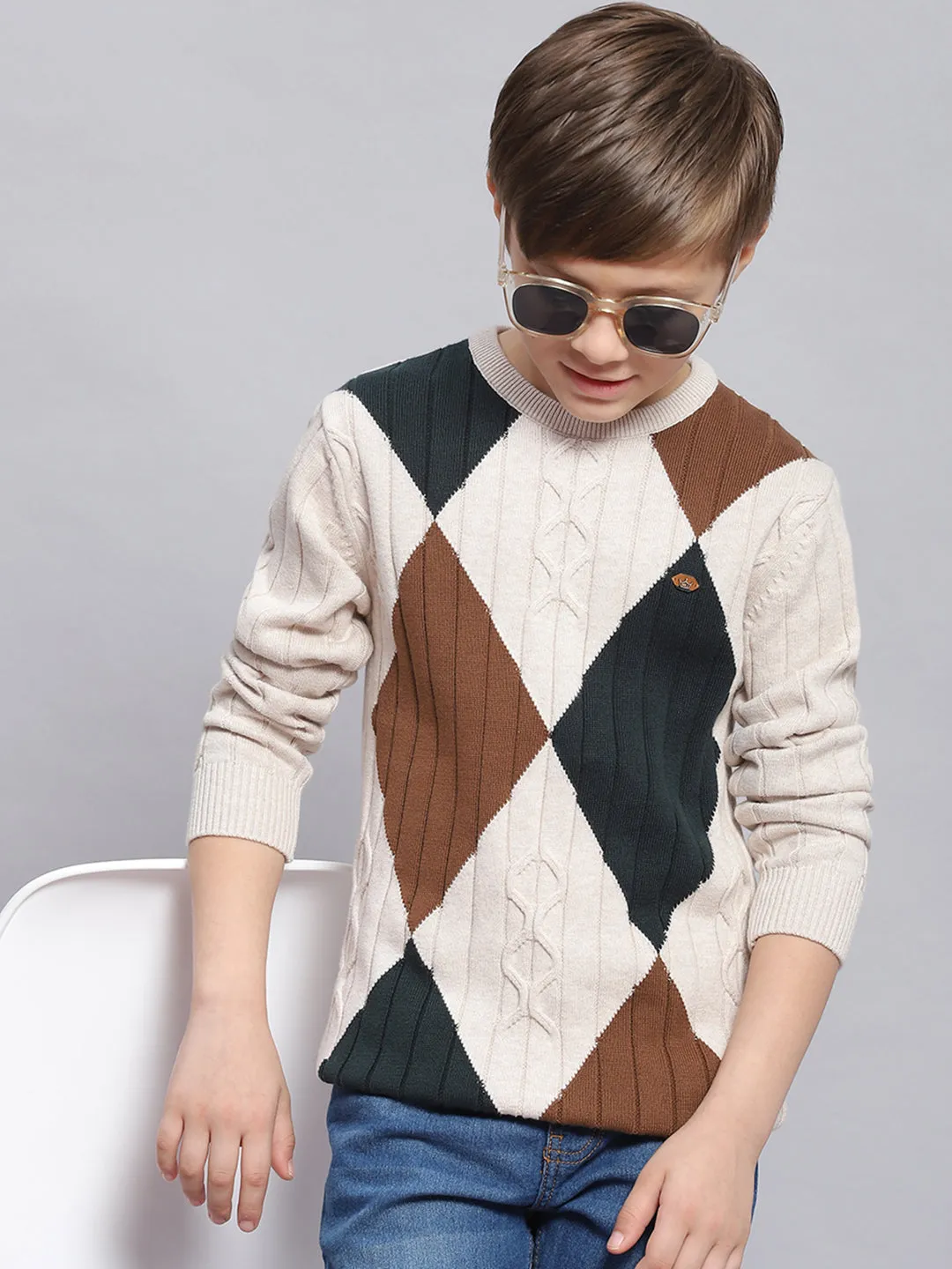 Boys Beige Self Design Round Neck Full Sleeve Sweater