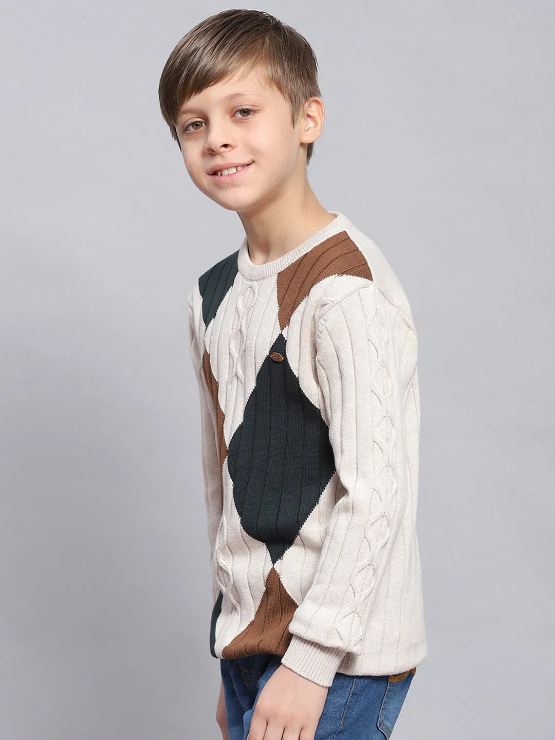 Boys Beige Self Design Round Neck Full Sleeve Sweater