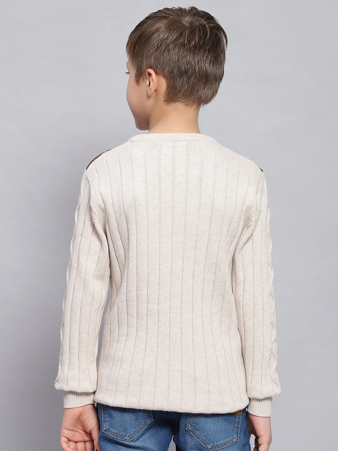 Boys Beige Self Design Round Neck Full Sleeve Sweater