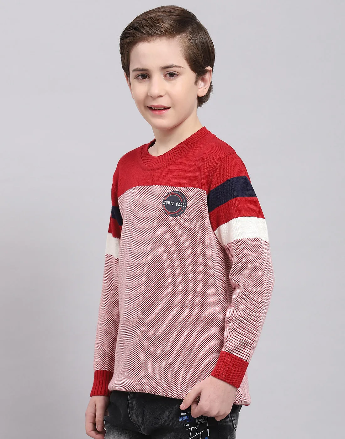 Boys Red Self Design Round Neck Full Sleeve Sweater