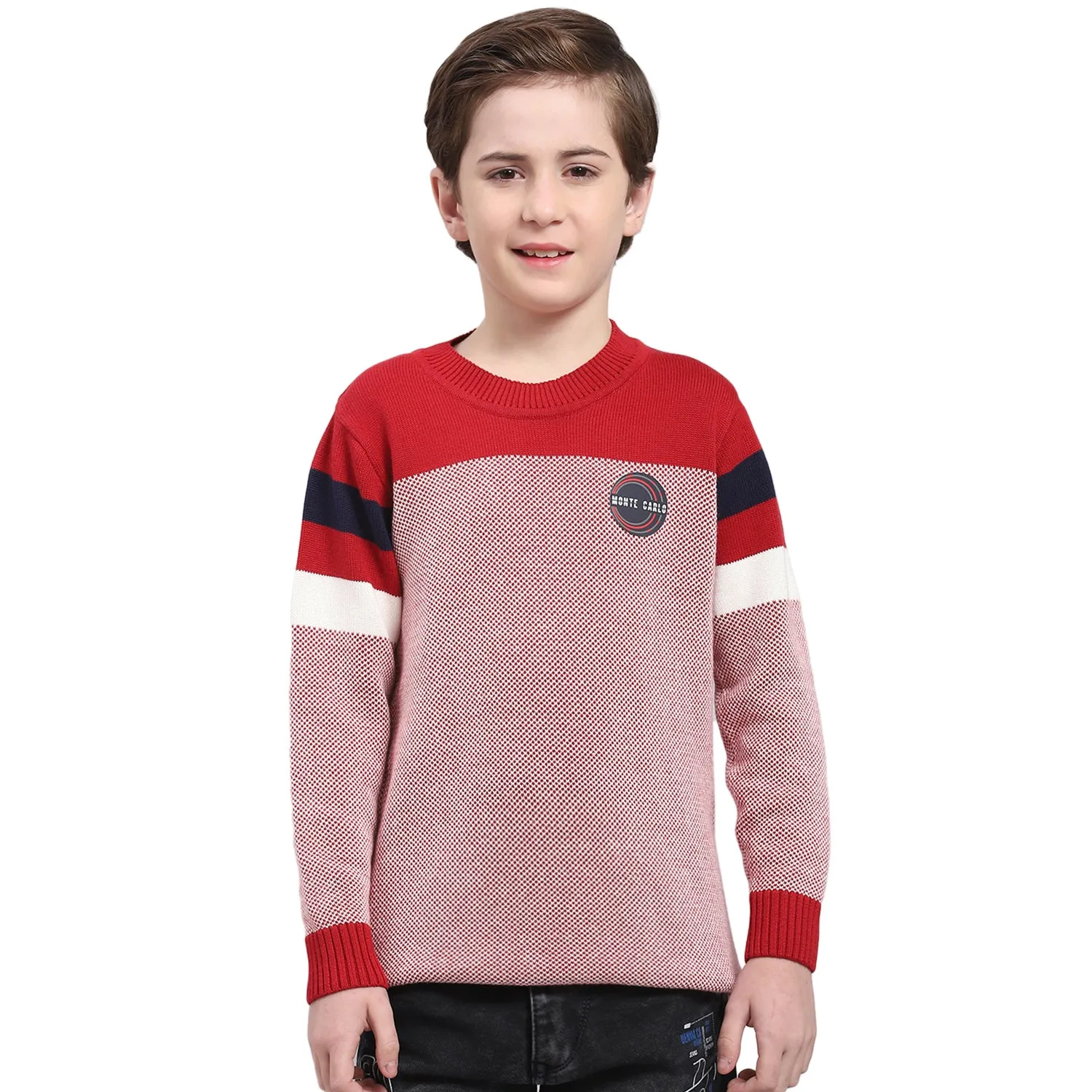 Boys Red Self Design Round Neck Full Sleeve Sweater