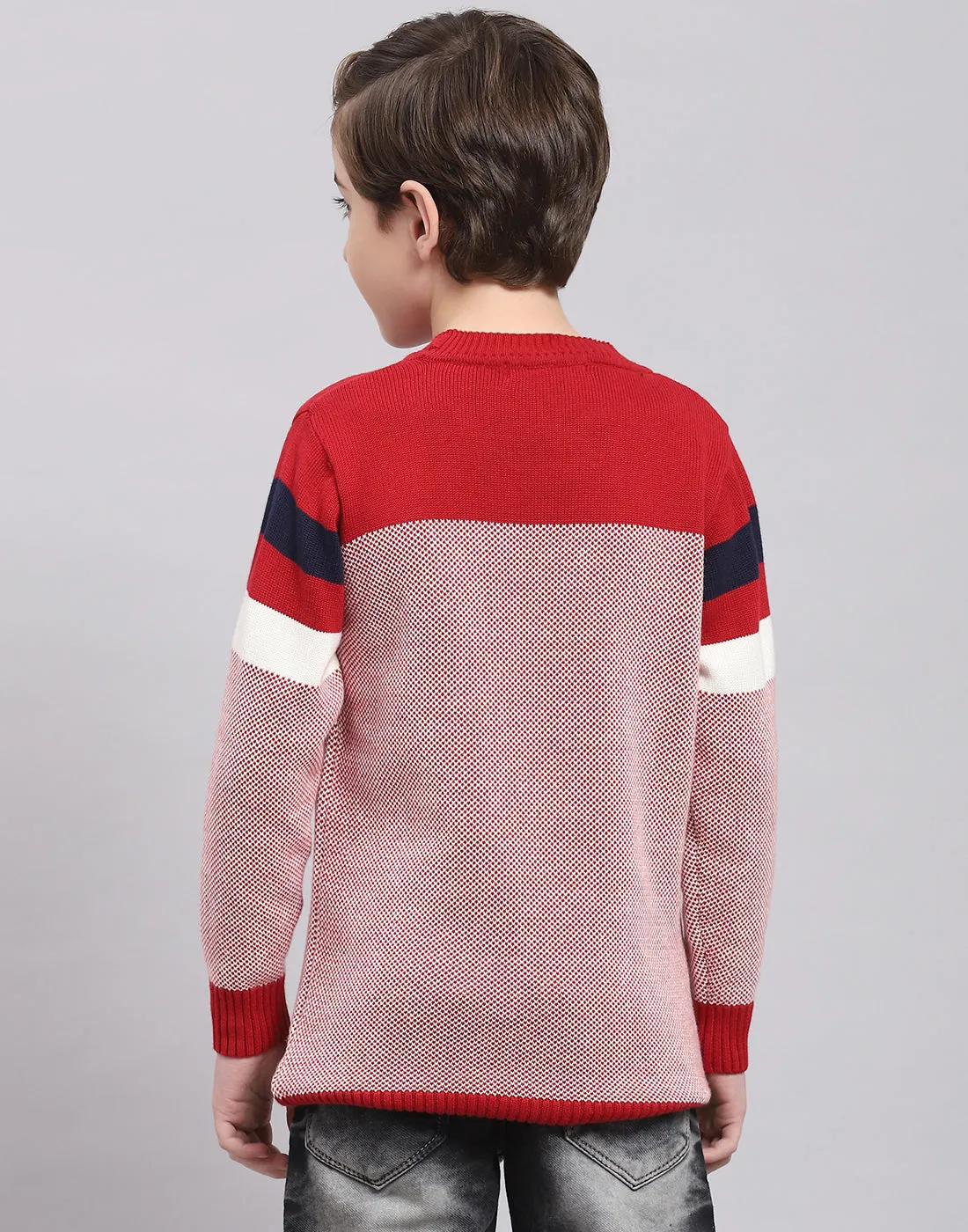 Boys Red Self Design Round Neck Full Sleeve Sweater