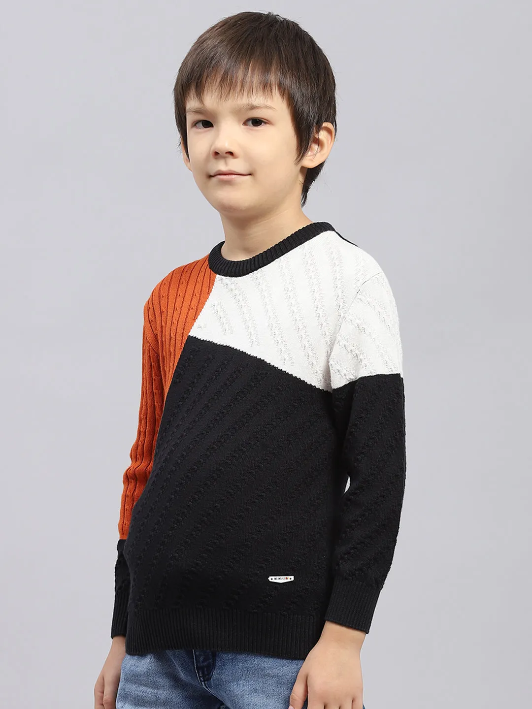 Boys Rust & Black Self Design Round Neck Full Sleeve Pullover