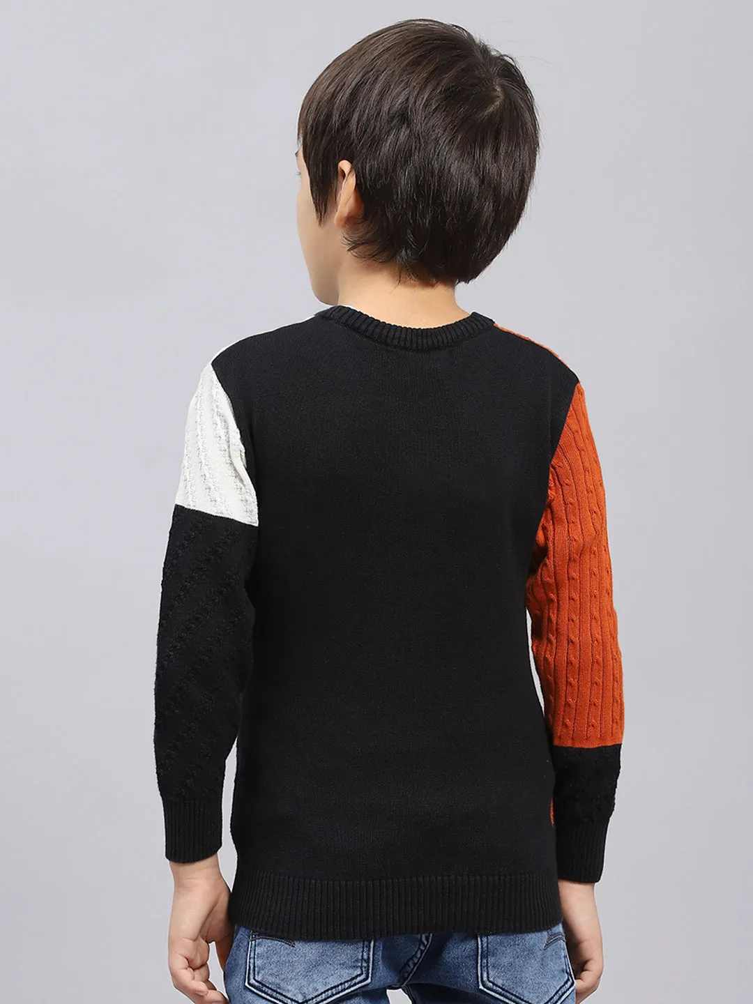 Boys Rust & Black Self Design Round Neck Full Sleeve Pullover