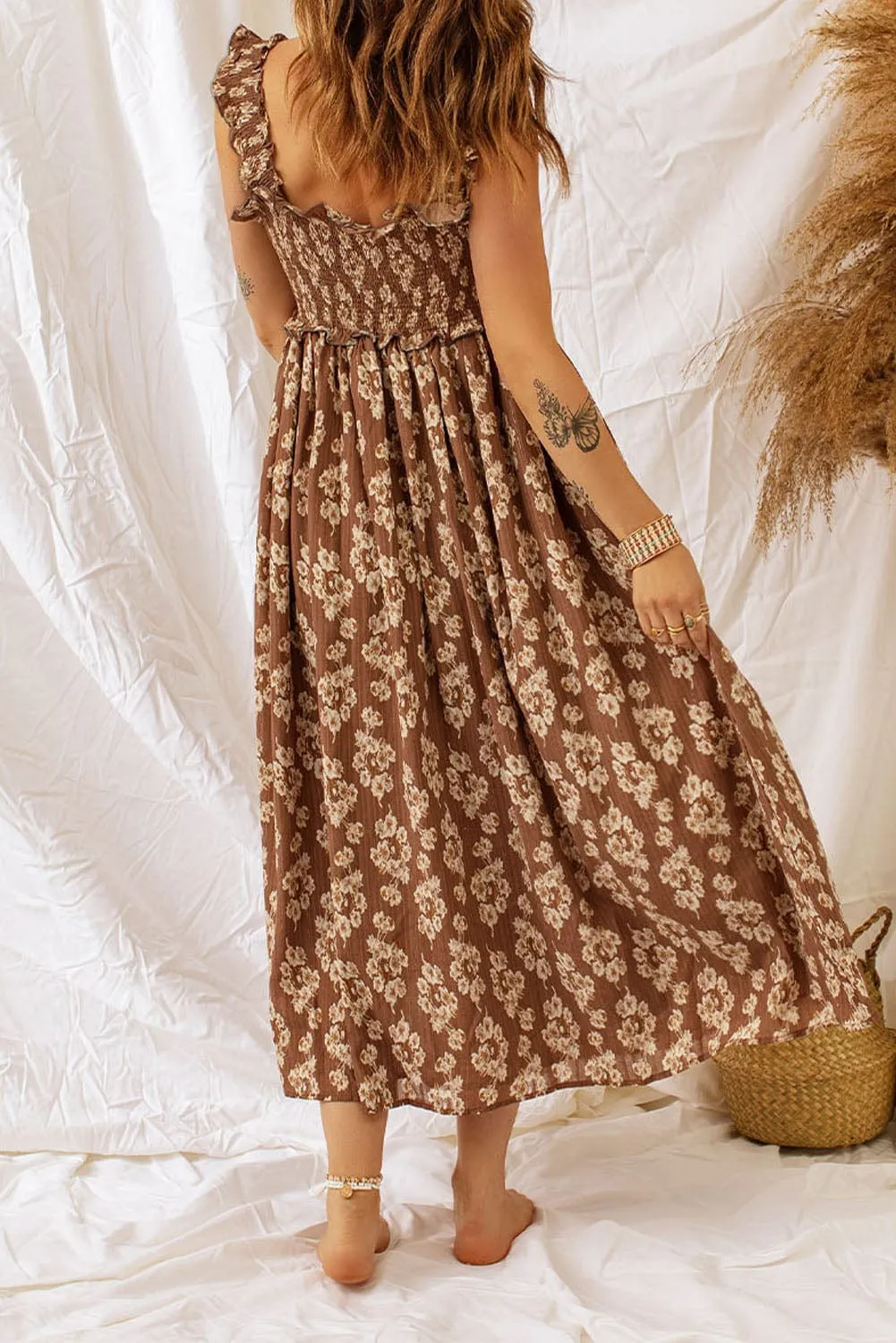 Brown Floral Maxi Dress with Smocked Waist and Ruffled Straps