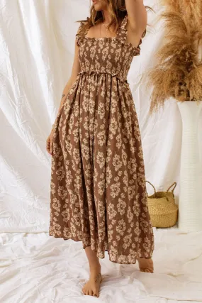 Brown Floral Maxi Dress with Smocked Waist and Ruffled Straps