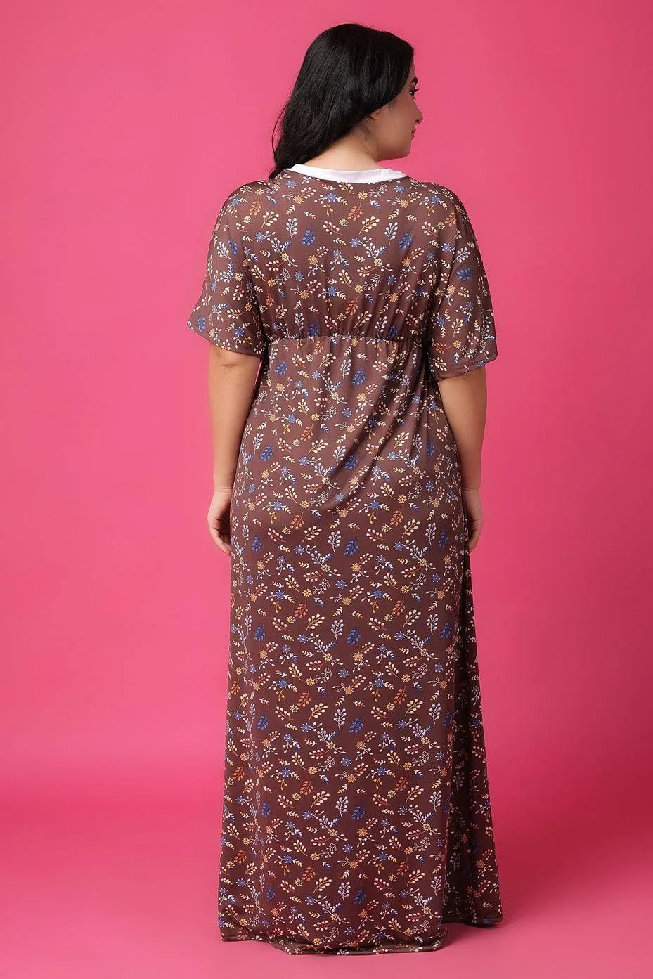 Brown Floral Printed Night Dress