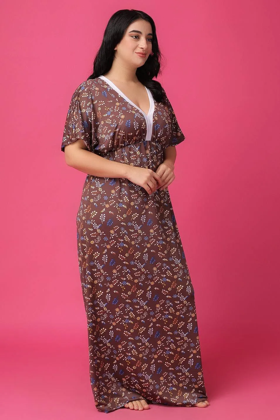 Brown Floral Printed Night Dress