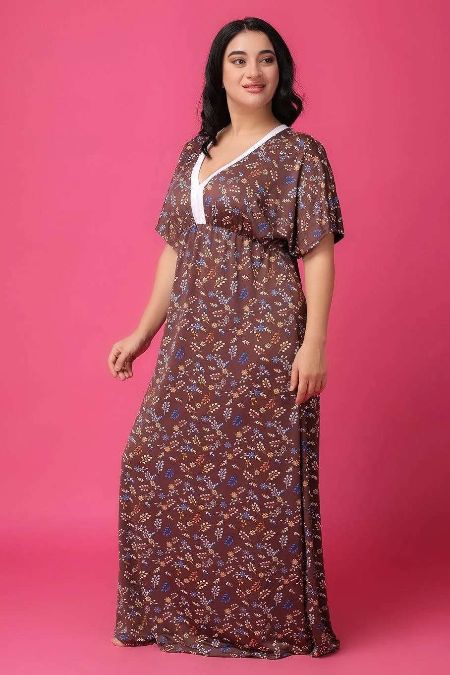 Brown Floral Printed Night Dress