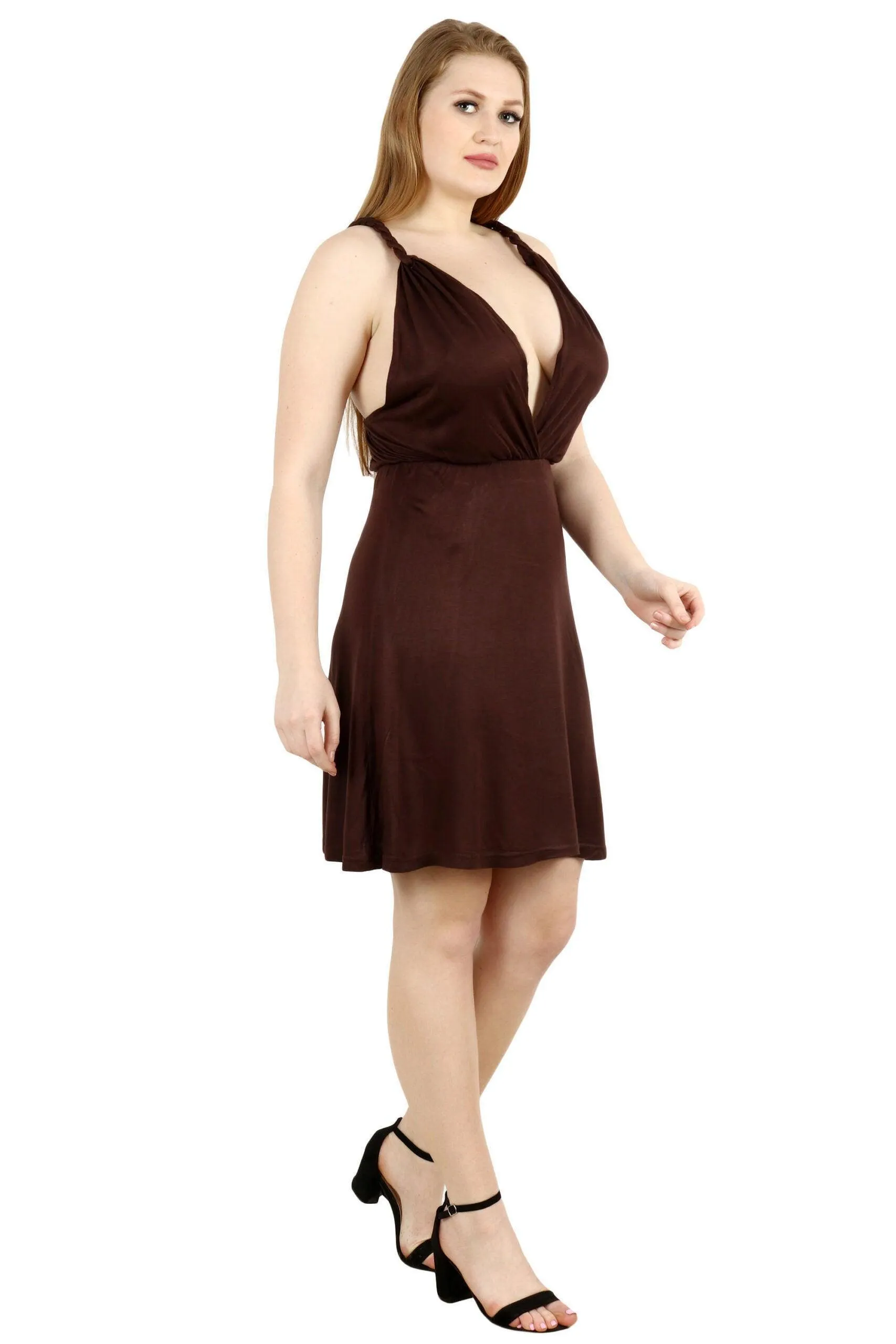 Brown Solid Dress with Deep Neck