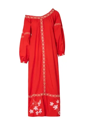 Buganvilias Cotton Embroidered Maxi Dress / Red