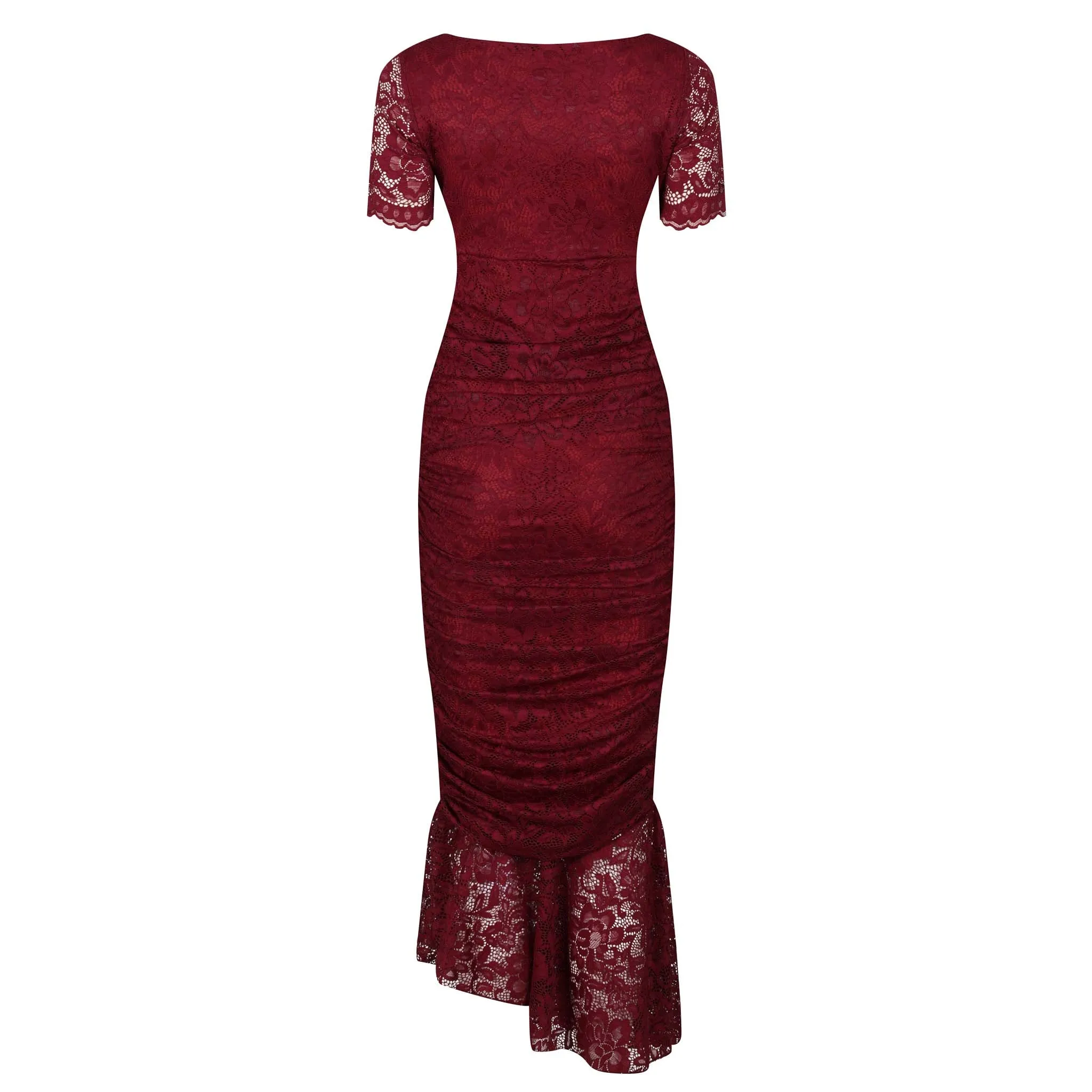 Burgundy Red Ruched Lace Maxi Dress