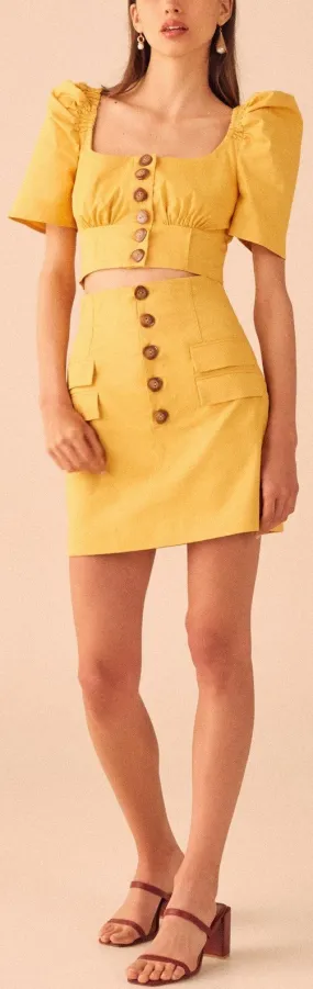 Button-Embellished Top and Skirt Set - Yellow or Black