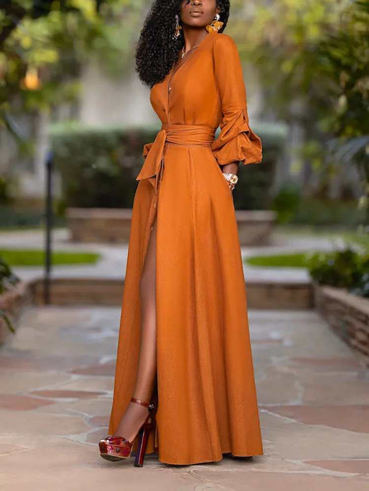 Button Shirt Slit Maxi Dress With Belt