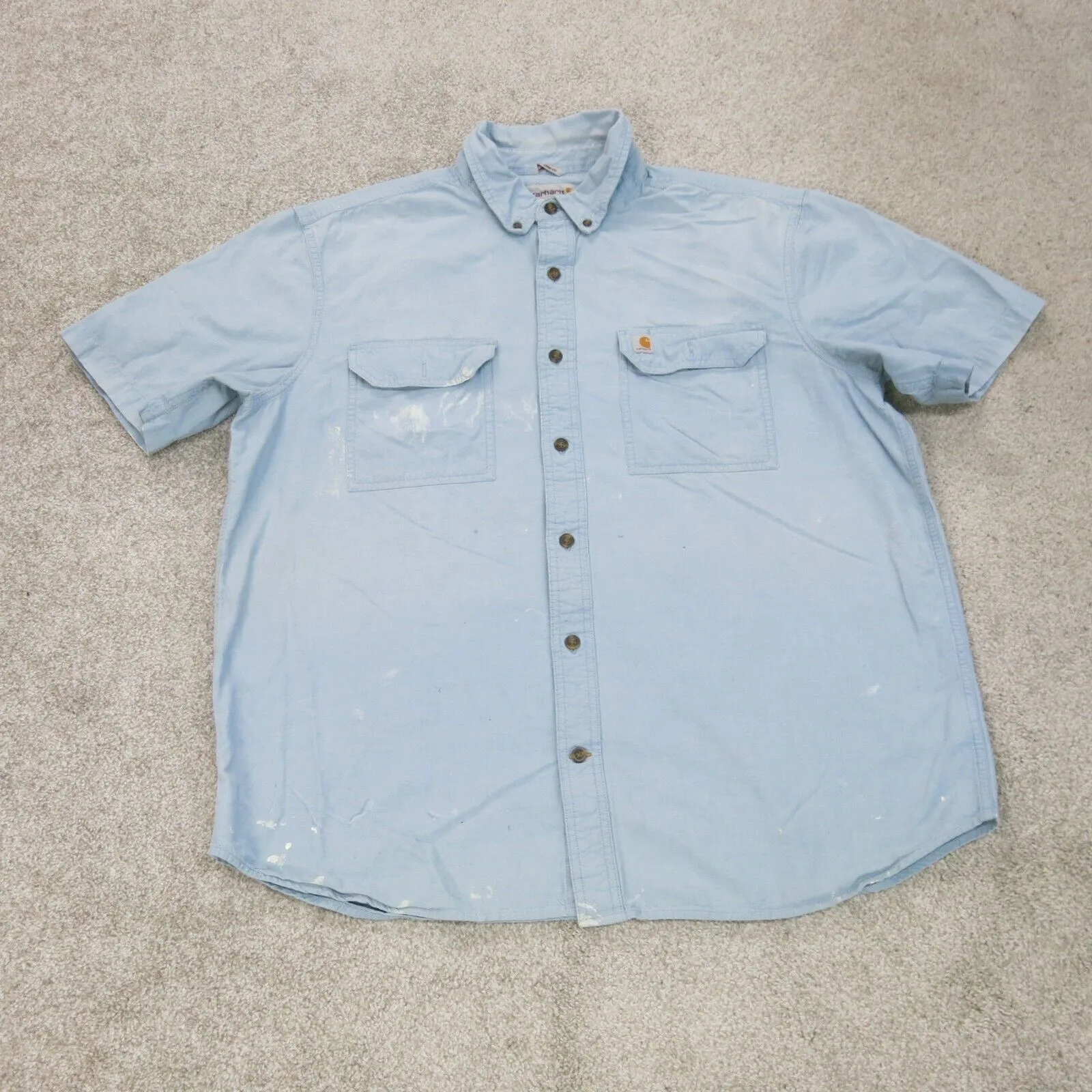 Carhartt Shirt Mens XL Blue Button Down Short Sleeve Relaxed Fit Pocklets Logo