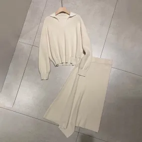 Casual Knitting Two Piece Sets For Women Lapel Long Sleeve Tops High Waist A Line Skirts Minimalist Slimming Set Female New