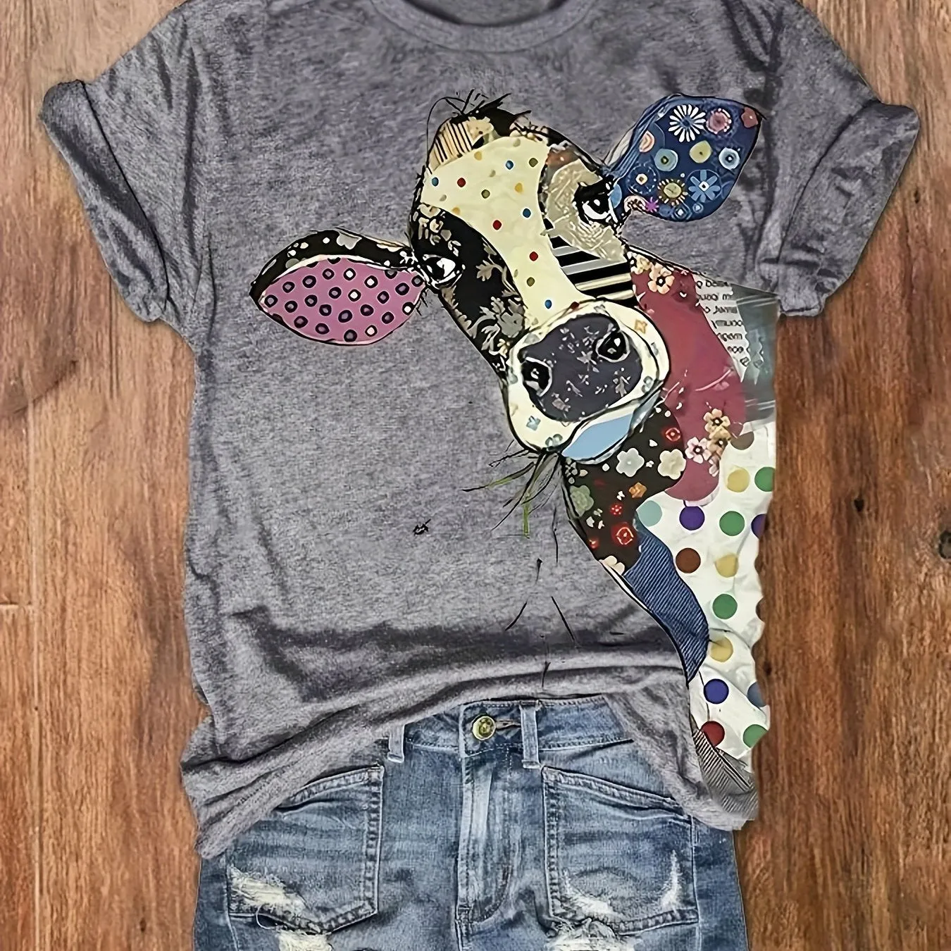 Chic Cow Print Womens T-shirt - Soft Crew Neck Short Sleeve Top - Fashionable & Casual Everyday Wear