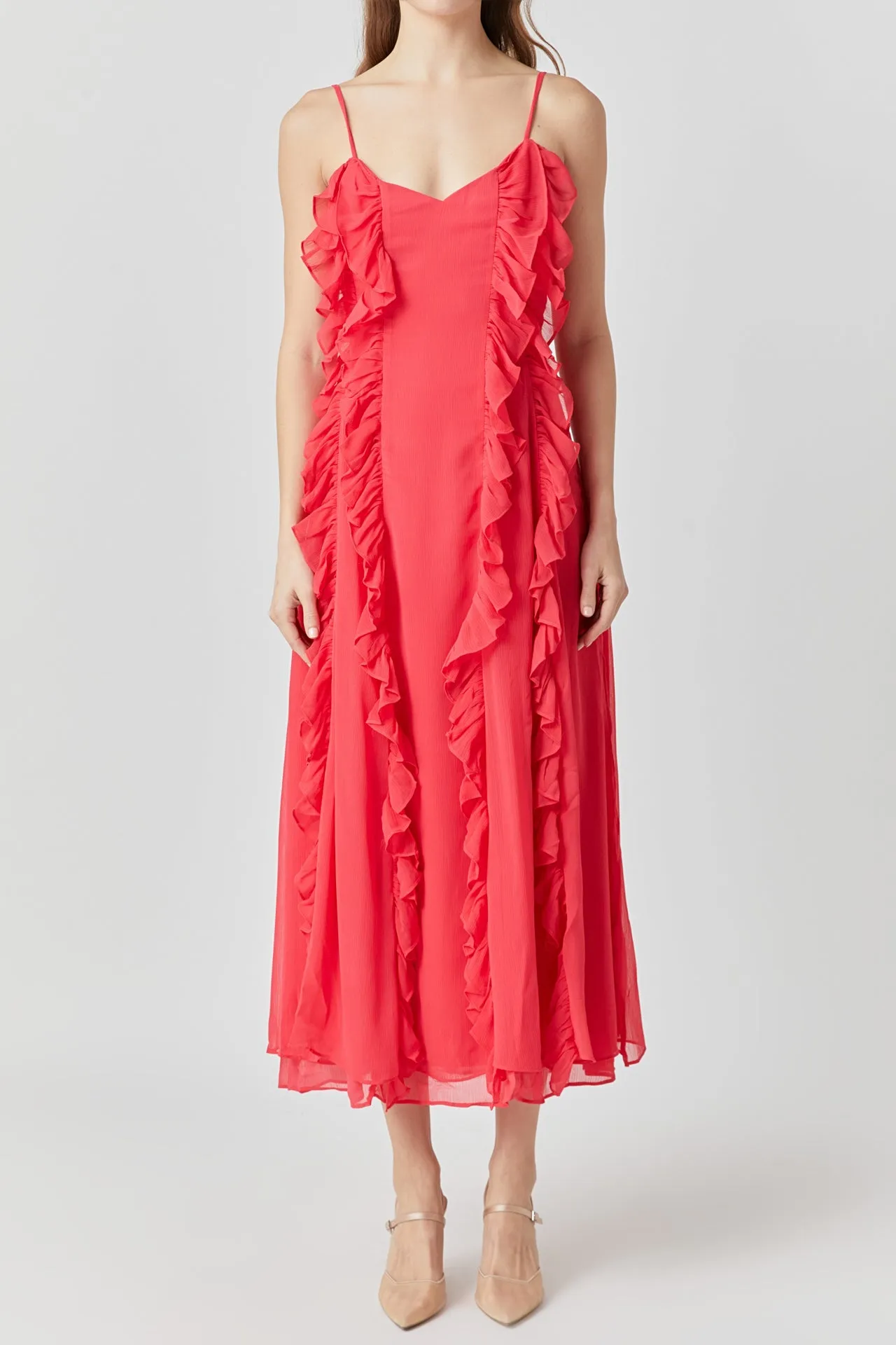 Chiffon Ruffled Spaghetti Maxi Dress