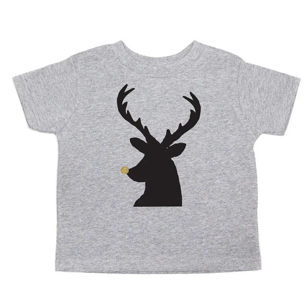 Christmas Black Reindeer with Glitter Nose Toddler Short Sleeve T-Shirts