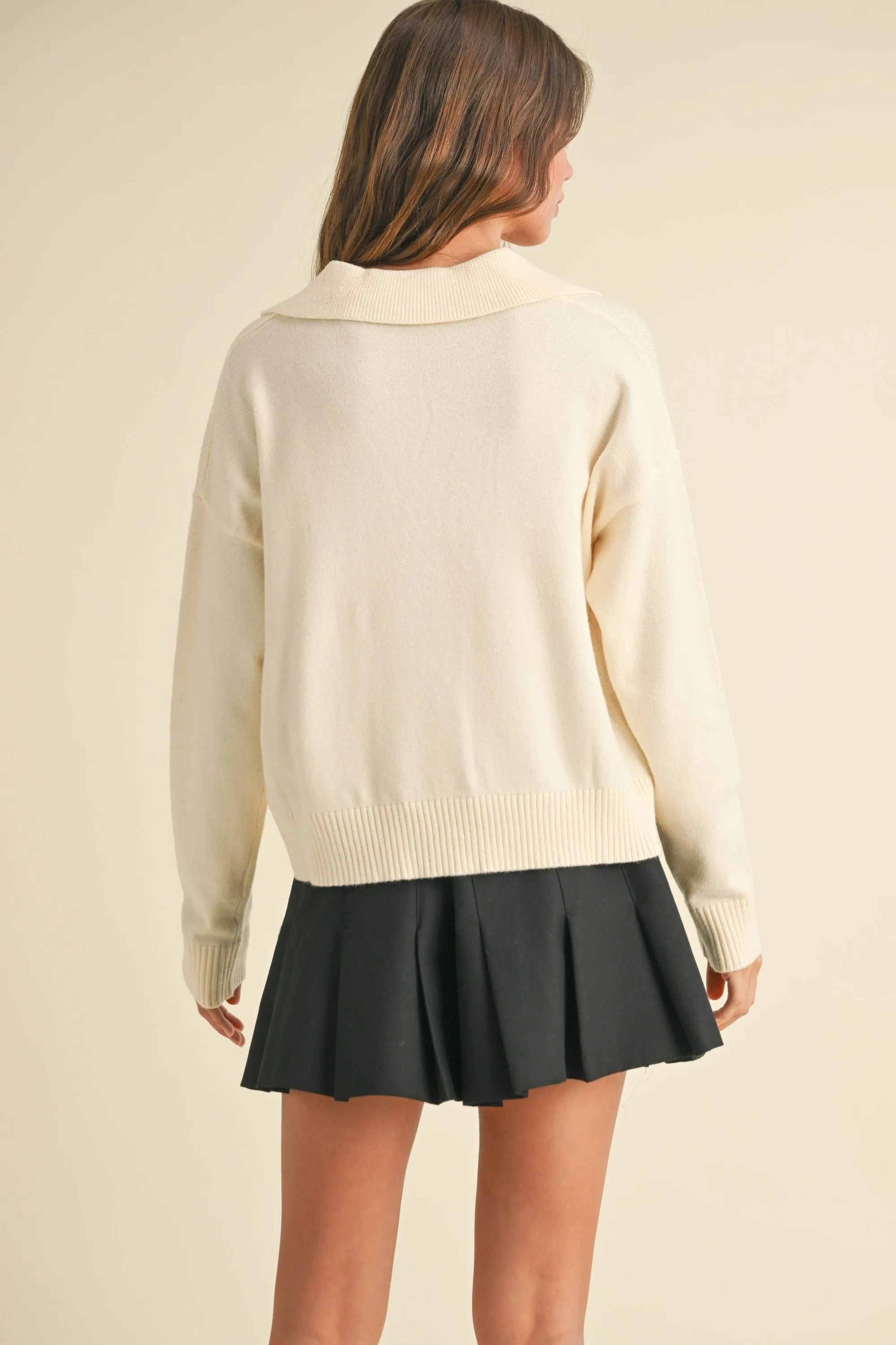 Collared V-neck Long Sleeve Knitted Sweater