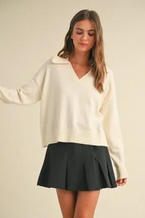 Collared V-neck Long Sleeve Knitted Sweater