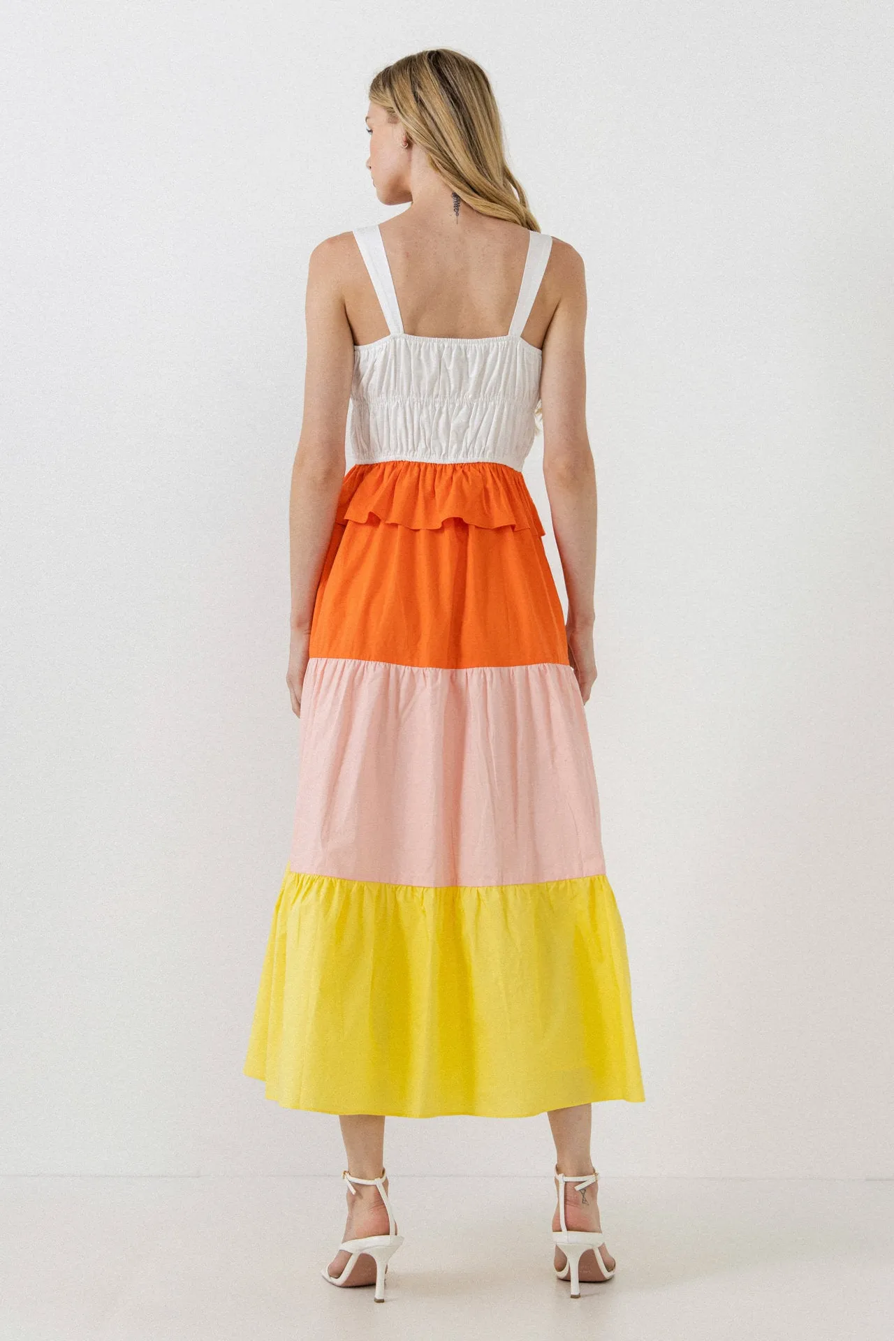 Color Block Tied Detail Shirring Dress