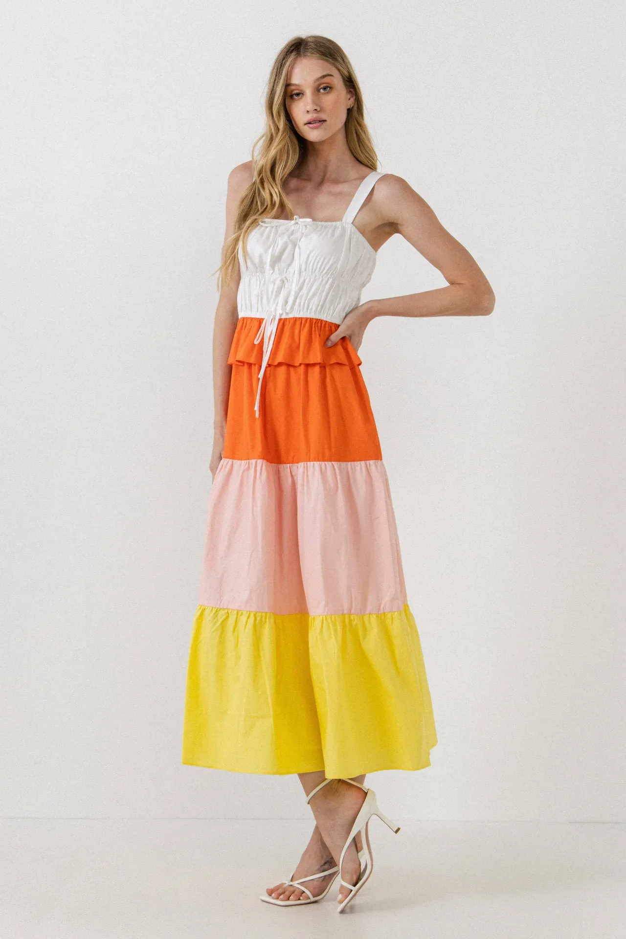 Color Block Tied Detail Shirring Dress