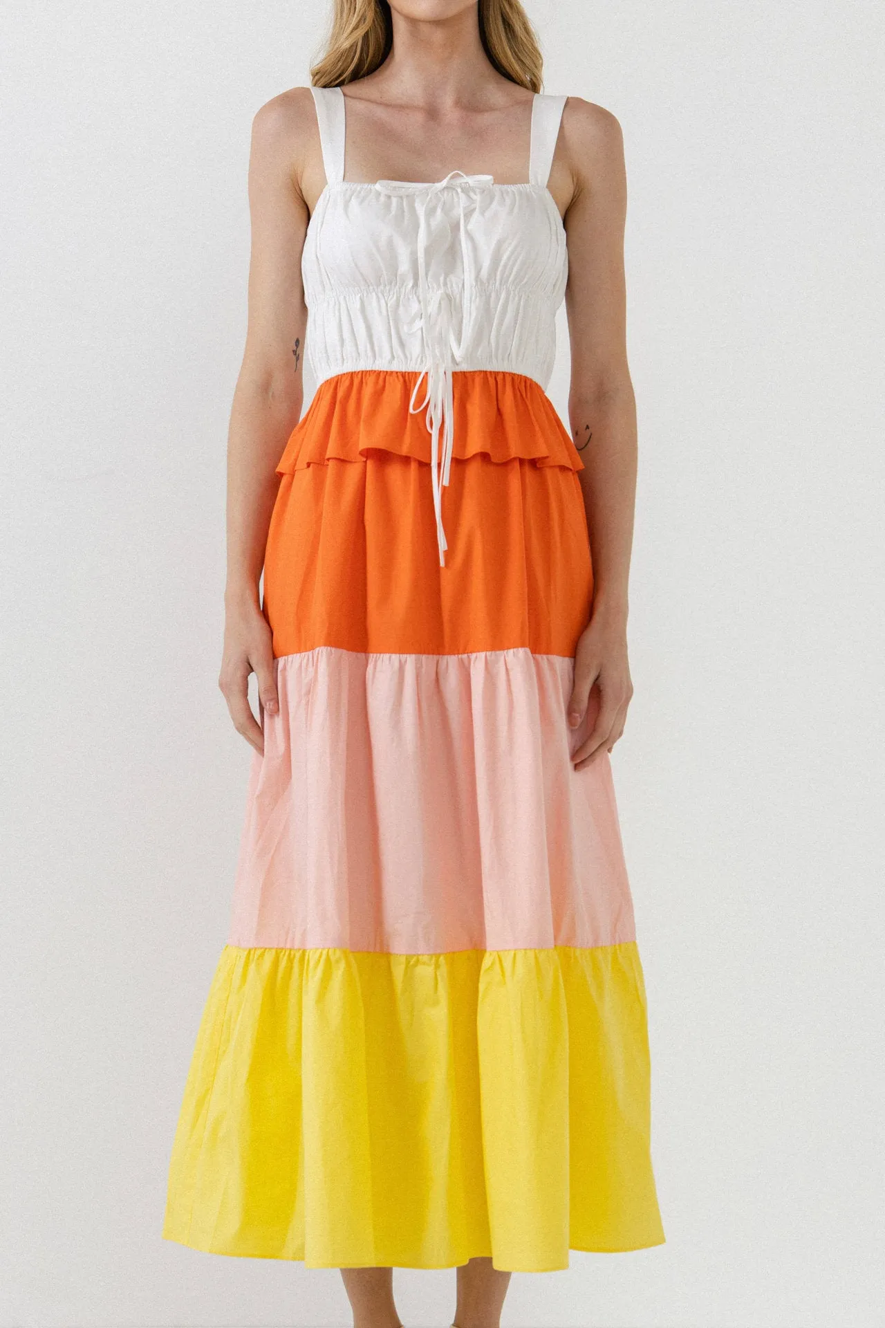 Color Block Tied Detail Shirring Dress