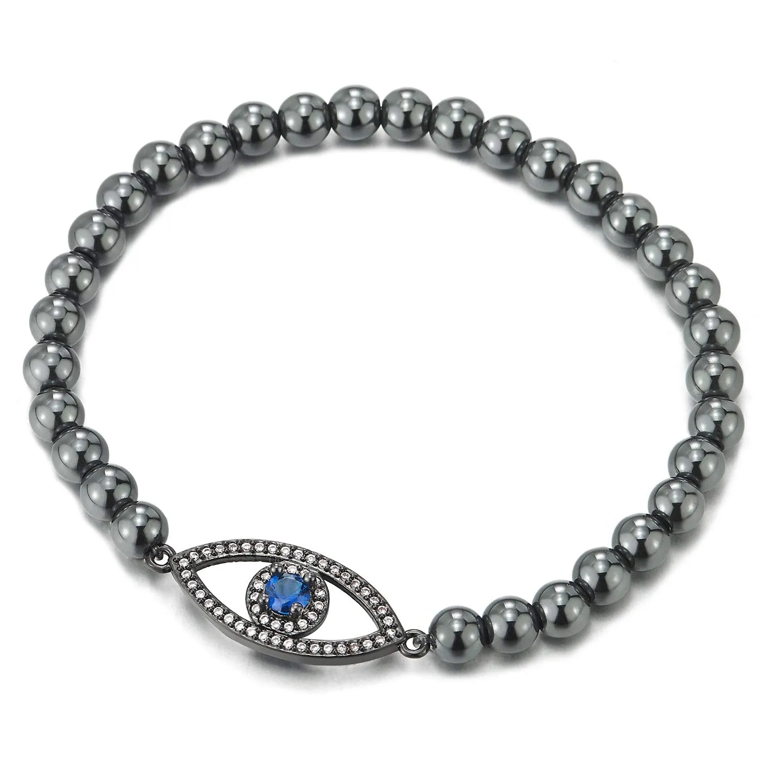 COOLSTEELANDBEYOND Protection Evil Eye Beads Bracelet for Women with Blue and White Cubic Zirconia