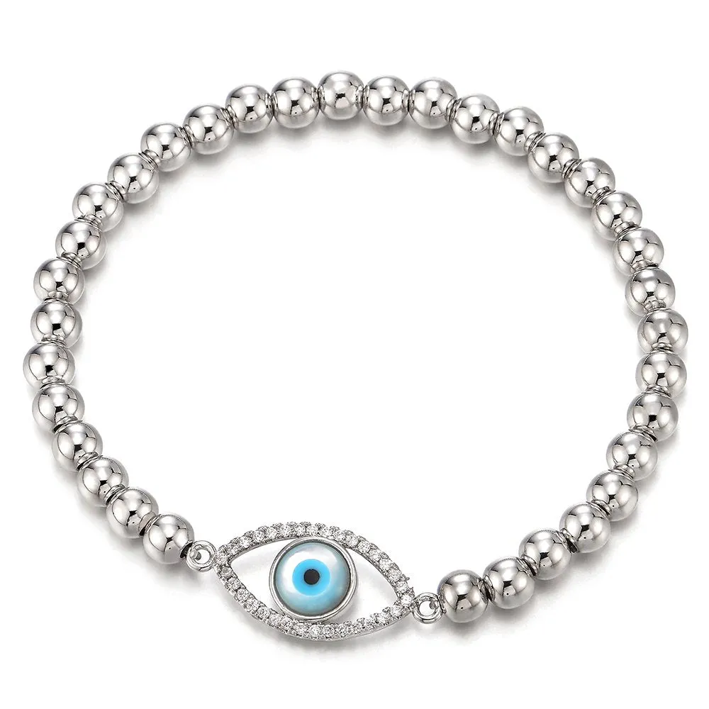 COOLSTEELANDBEYOND Protection Evil Eye Beads Bracelet for Women with Blue and White Cubic Zirconia