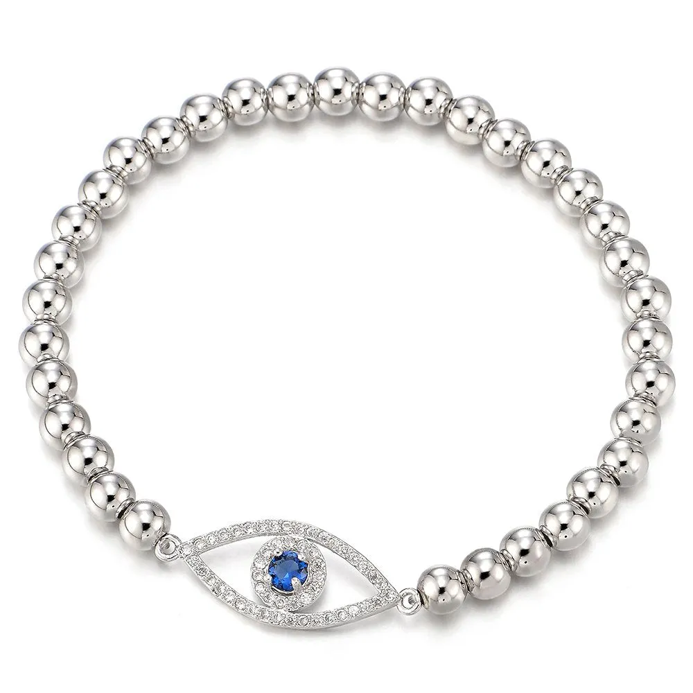 COOLSTEELANDBEYOND Protection Evil Eye Beads Bracelet for Women with Blue and White Cubic Zirconia