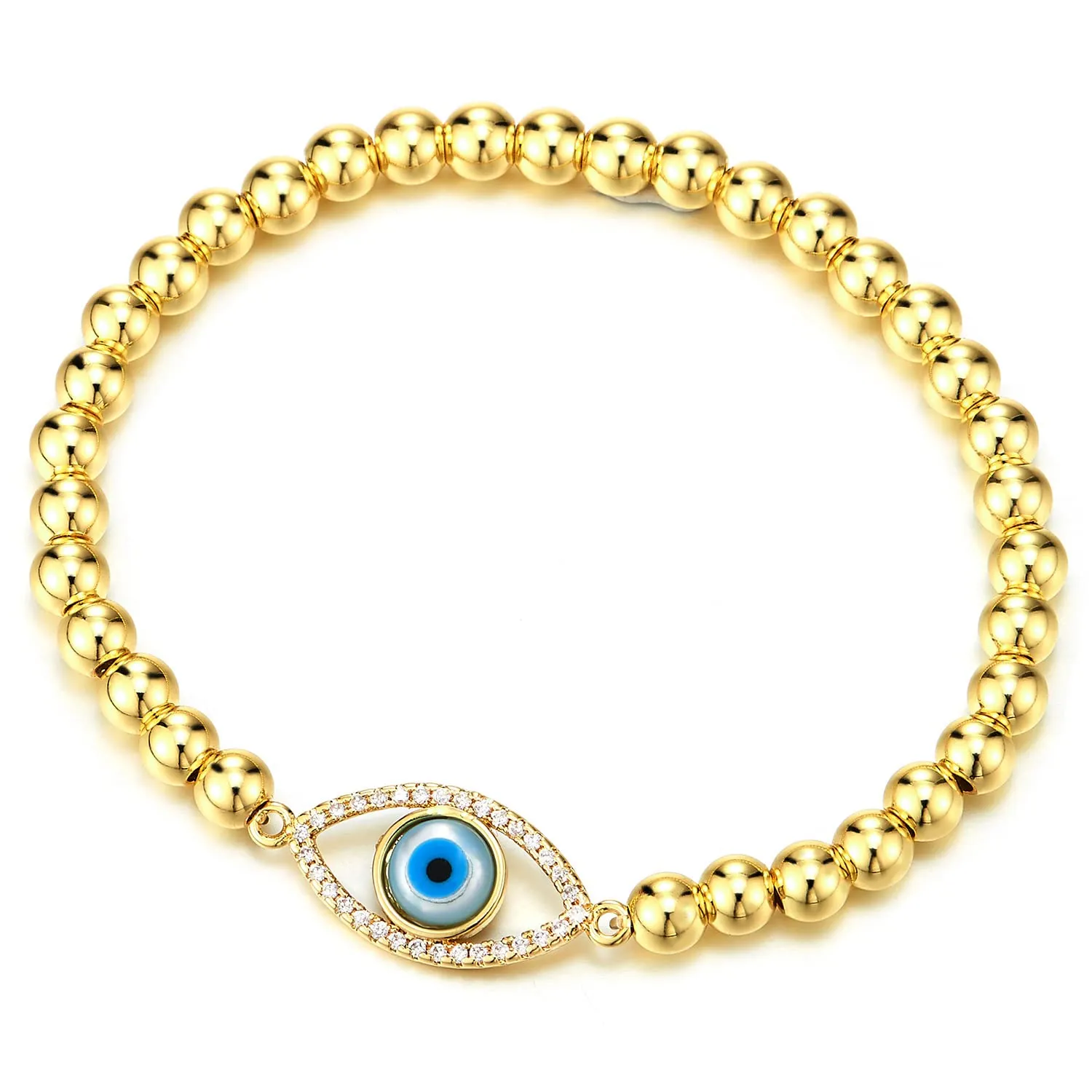 COOLSTEELANDBEYOND Protection Evil Eye Beads Bracelet for Women with Blue and White Cubic Zirconia