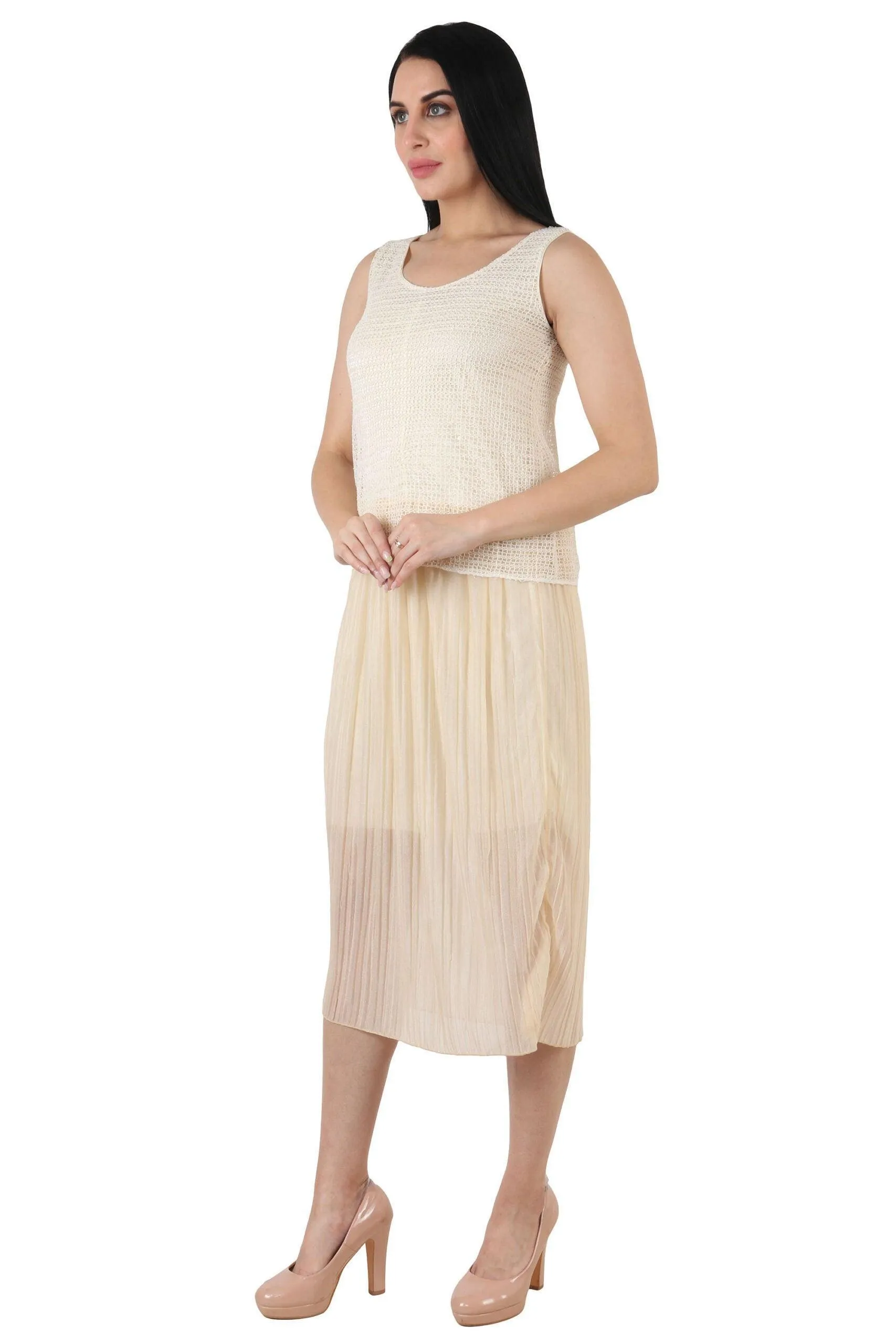 Cream Solid Crochet Pleated Dress